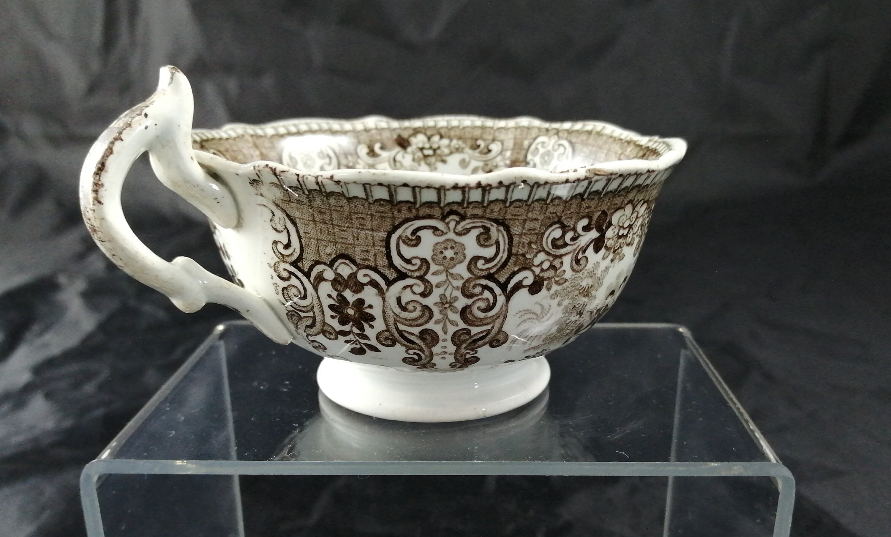 Empire Porcelain Teacup and Saucer, transfer-printer, Victorian motifs