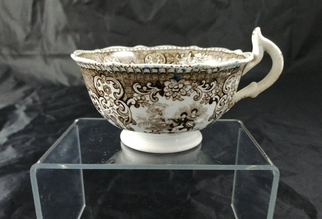 Empire Porcelain Teacup and Saucer, transfer-printer, Victorian motifs