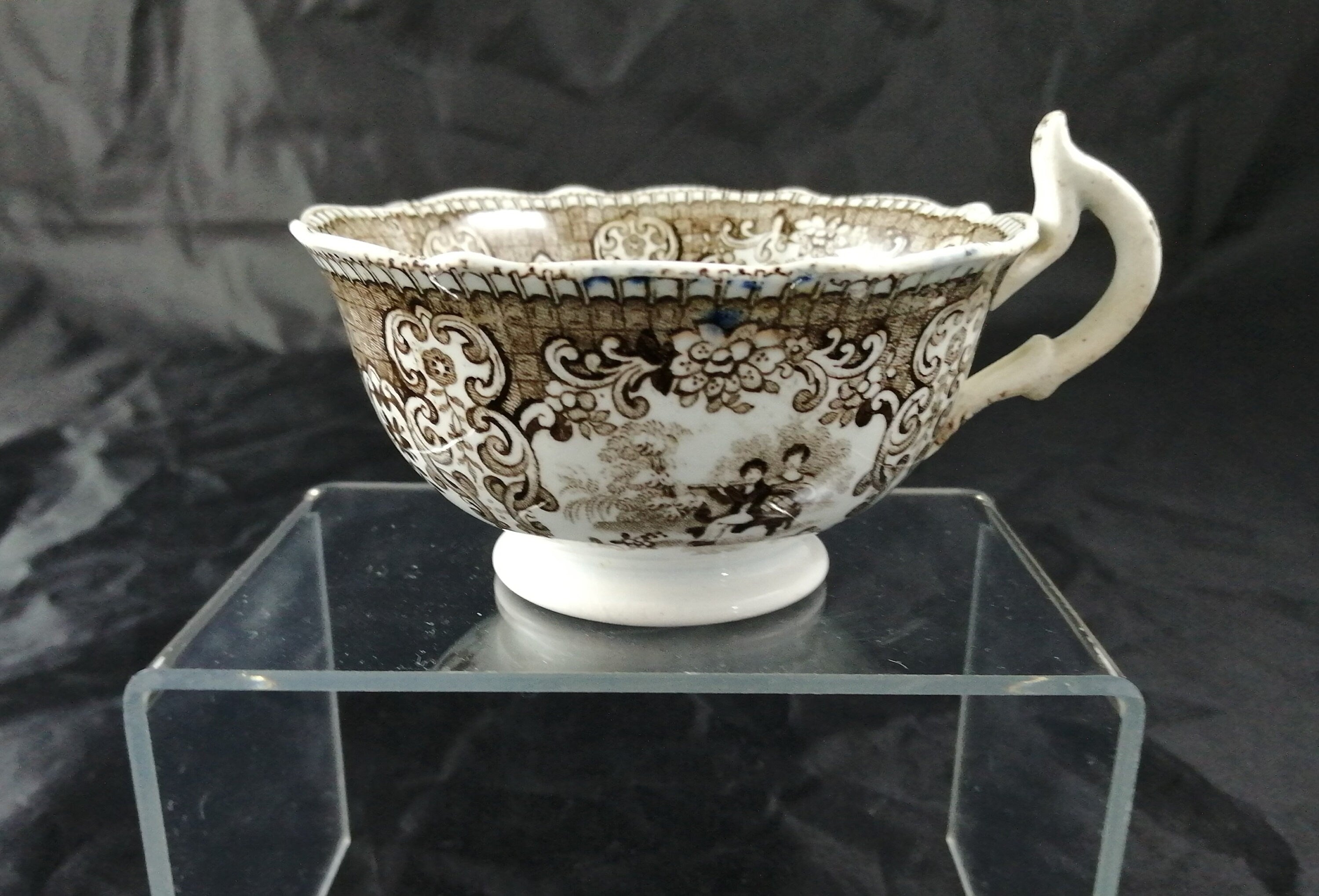 Empire Porcelain Teacup and Saucer, transfer-printer, Victorian motifs