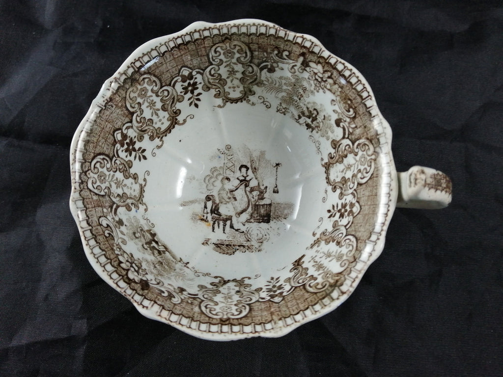 Empire Porcelain Teacup and Saucer, transfer-printer, Victorian motifs