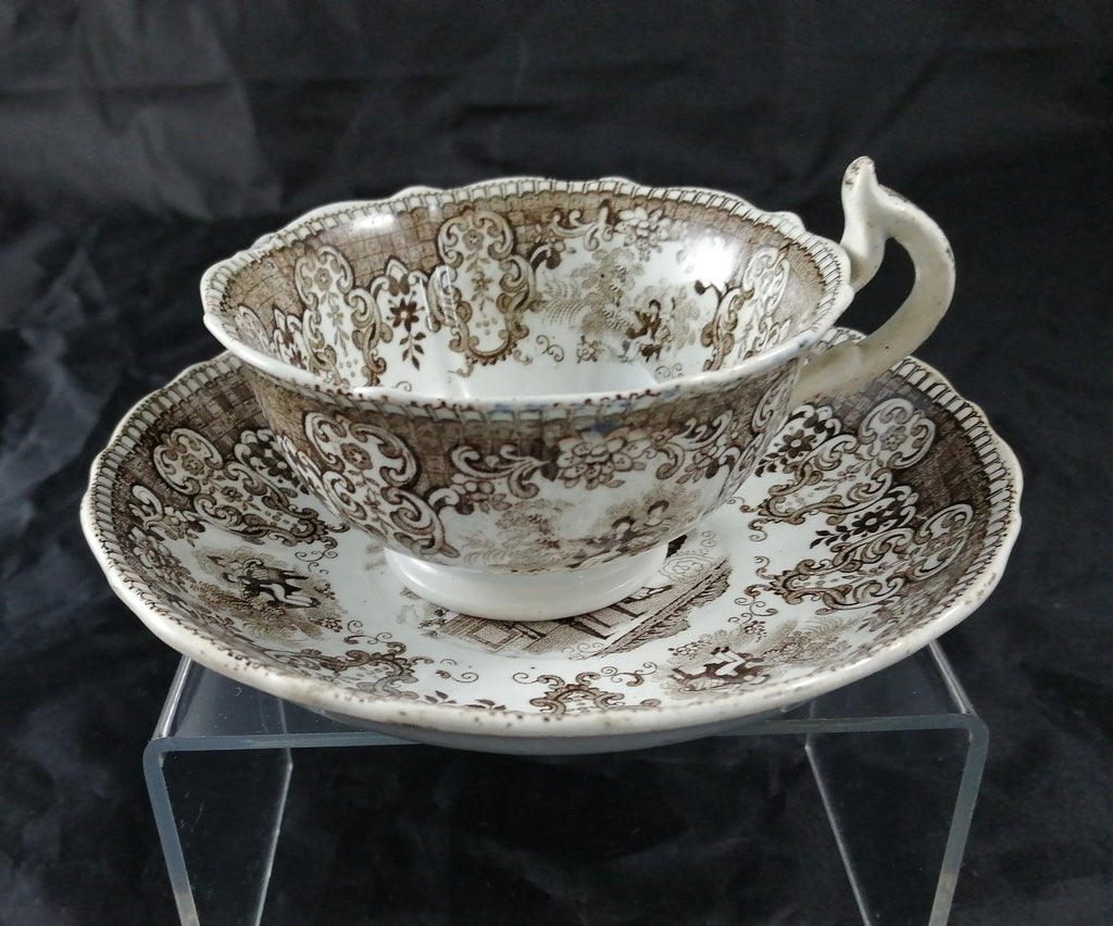 Empire Porcelain Teacup and Saucer, transfer-printer, Victorian motifs