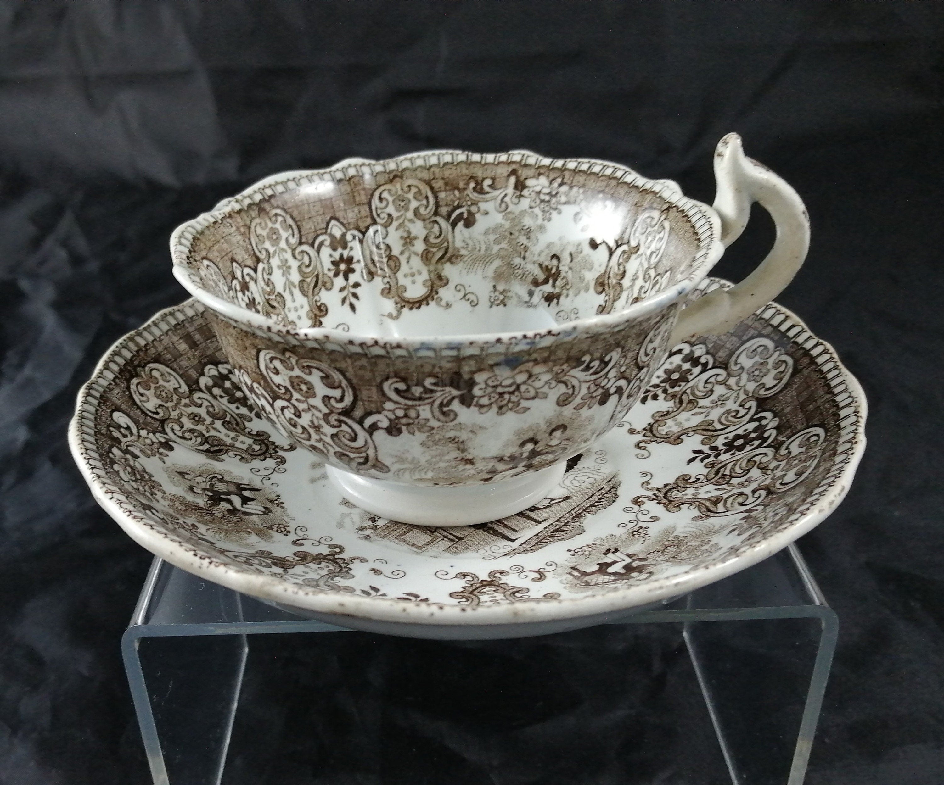 Empire Porcelain Teacup and Saucer, transfer-printer, Victorian motifs
