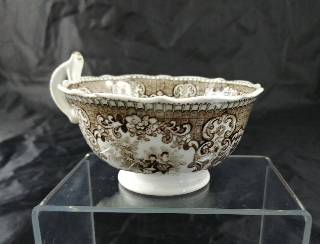 Empire Porcelain Teacup and Saucer, transfer-printer, Victorian motifs