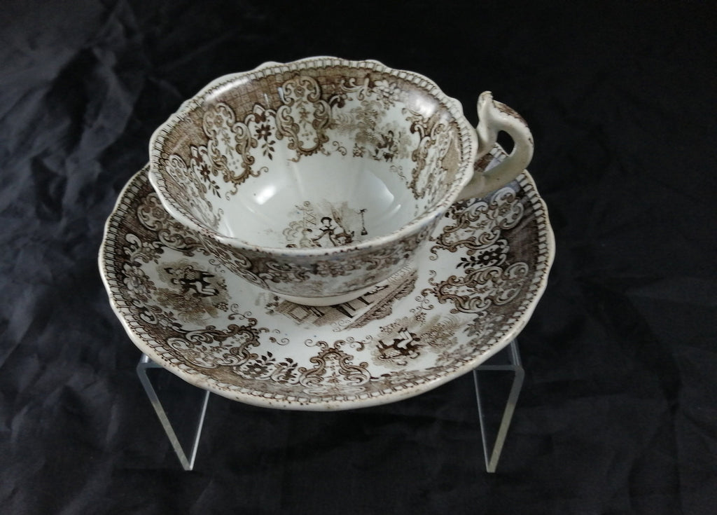 Empire Porcelain Teacup and Saucer, transfer-printer, Victorian motifs