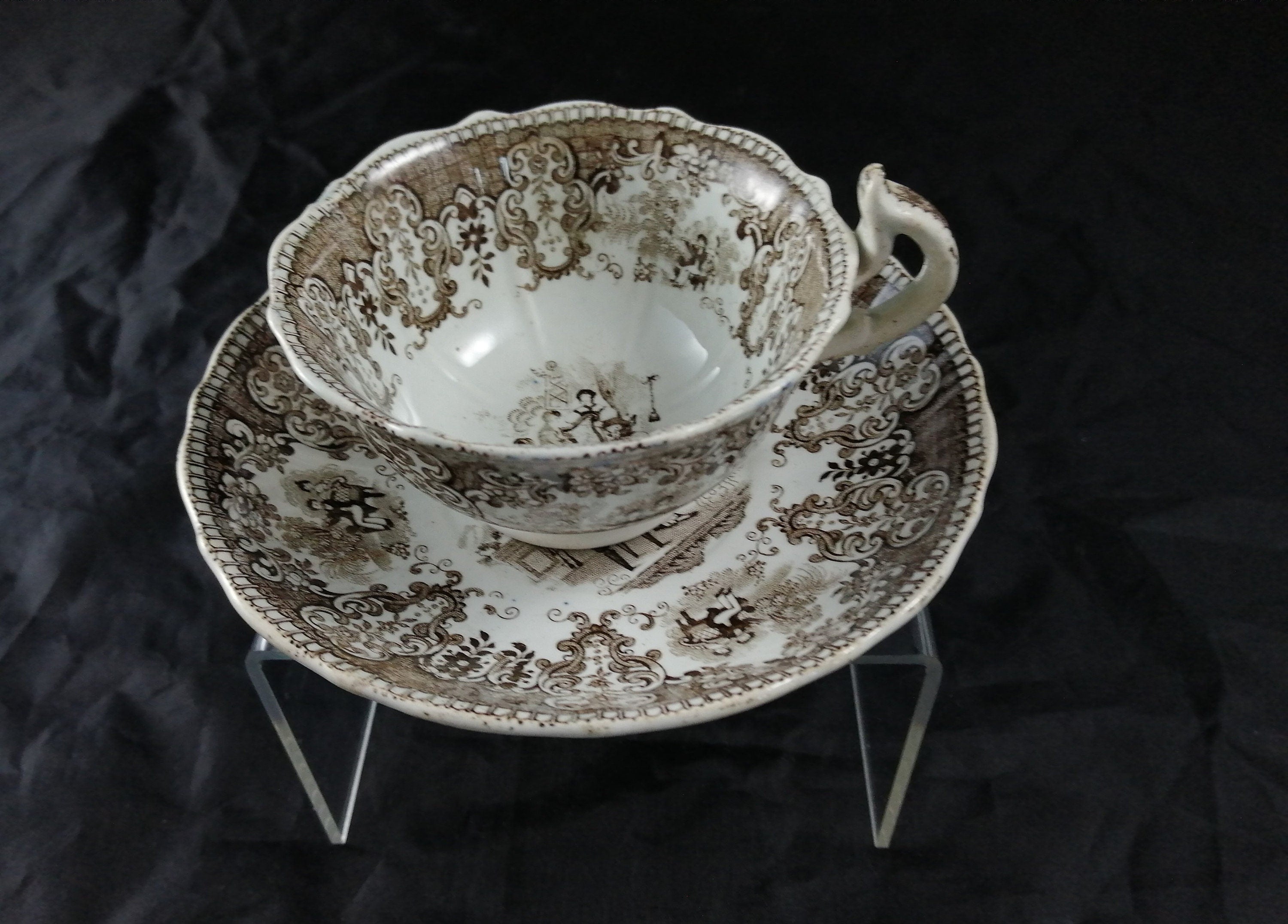Empire Porcelain Teacup and Saucer, transfer-printer, Victorian motifs