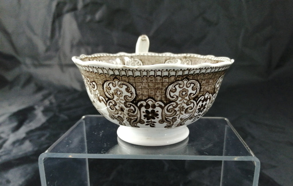 Empire Porcelain Teacup and Saucer, transfer-printer, Victorian motifs