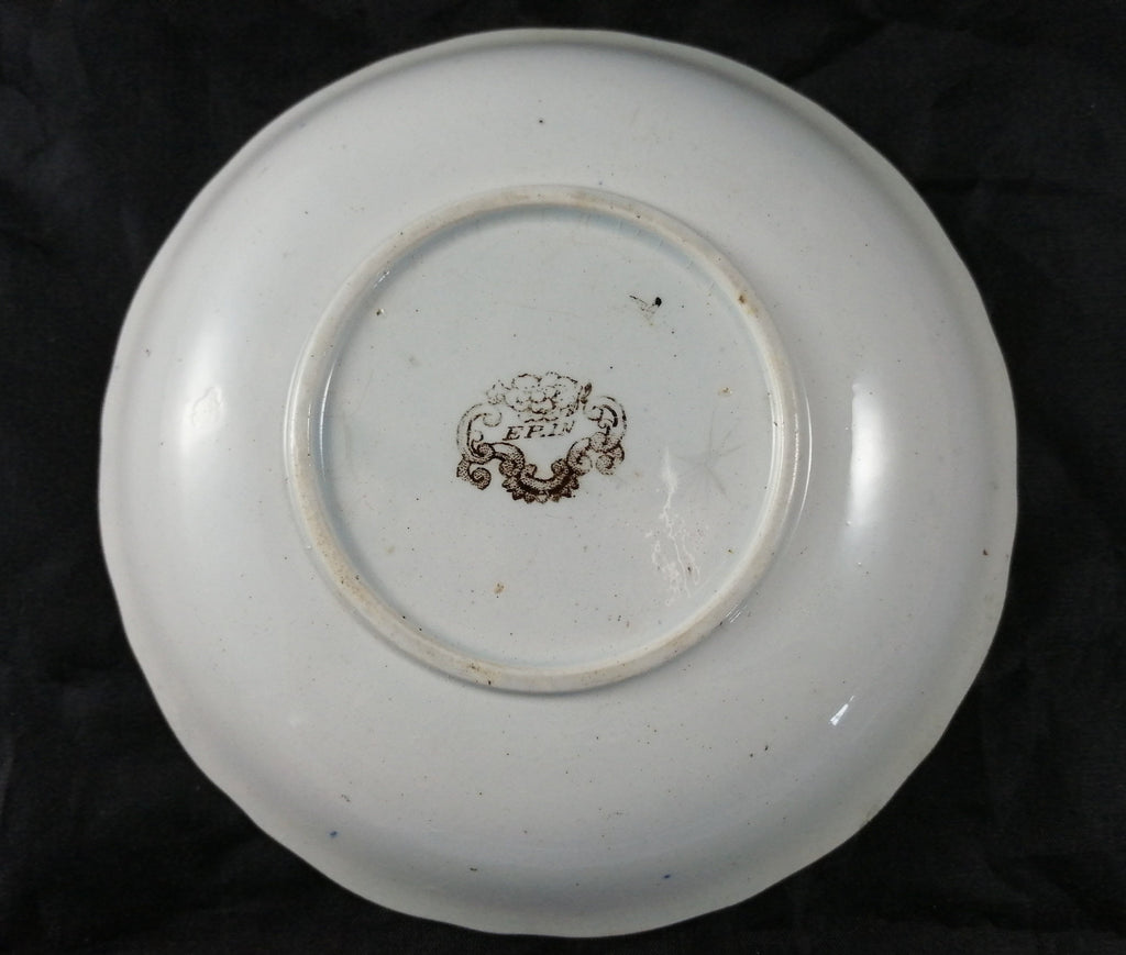 Empire Porcelain Teacup and Saucer, transfer-printer, Victorian motifs