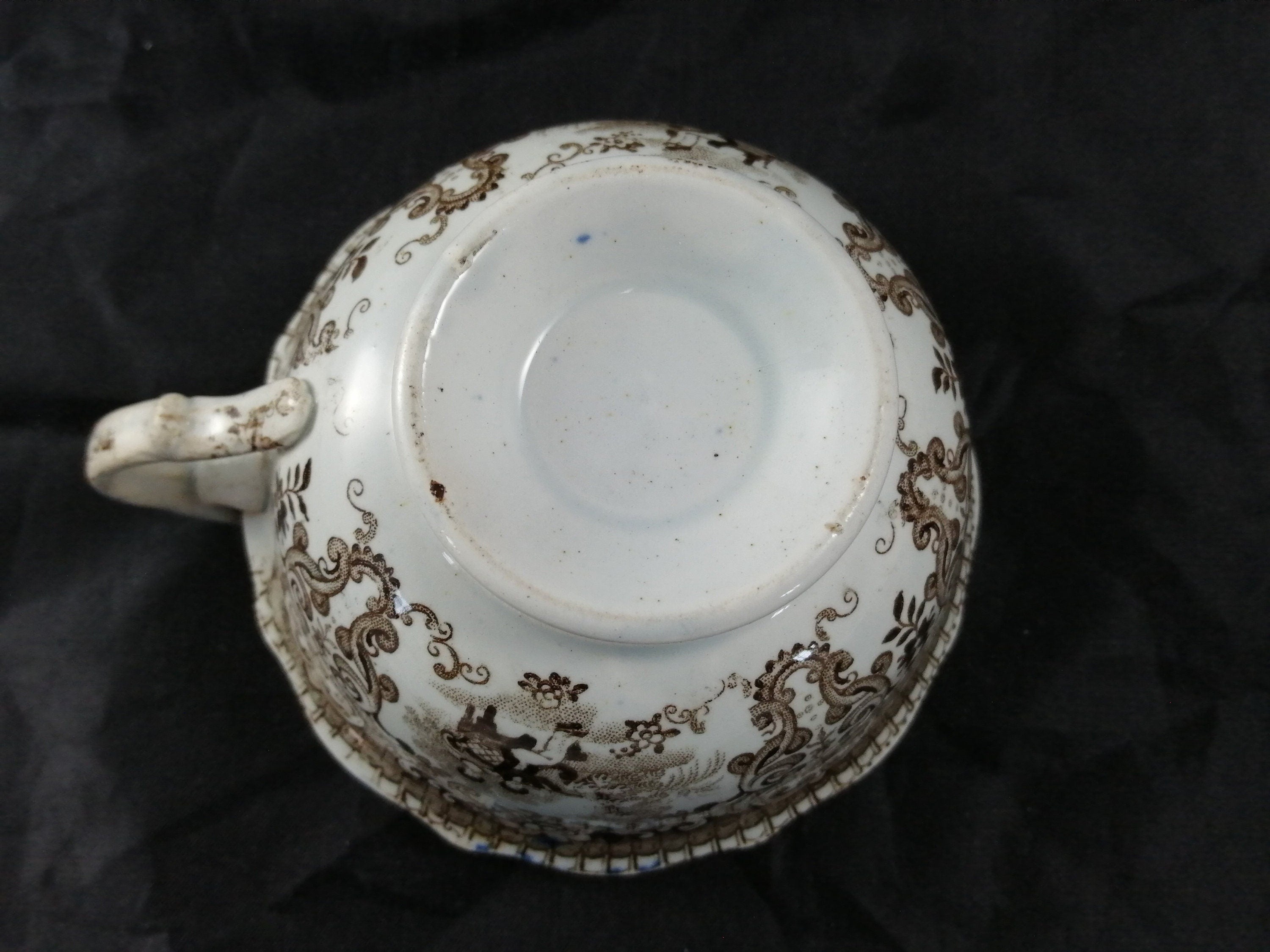 Empire Porcelain Teacup and Saucer, transfer-printer, Victorian motifs