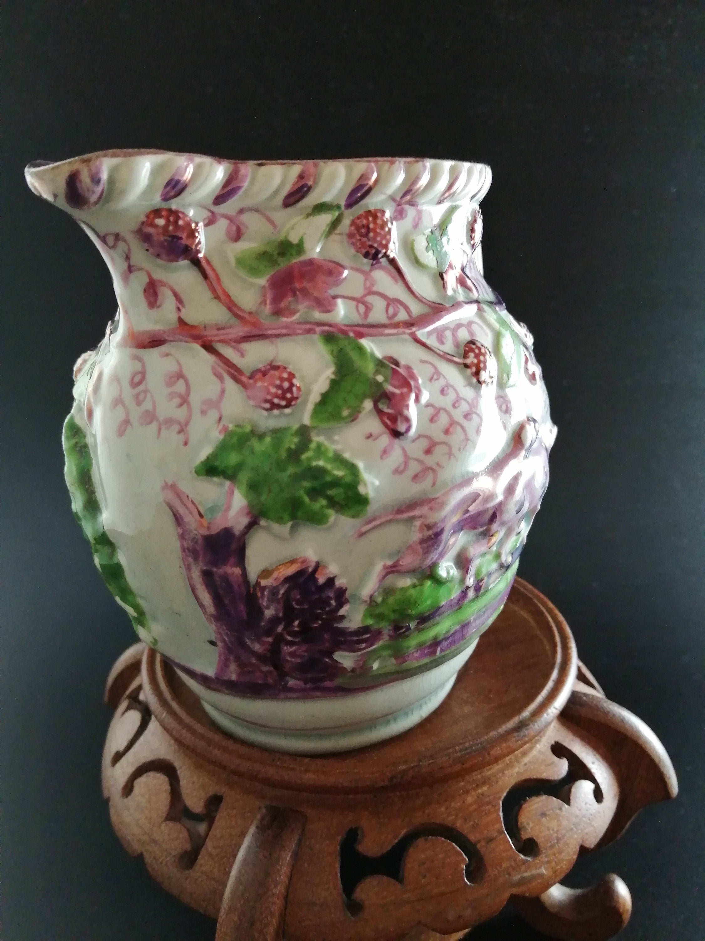 Staffordshire Pink  Lustreware Pitcher Hunting Dogs c 1830