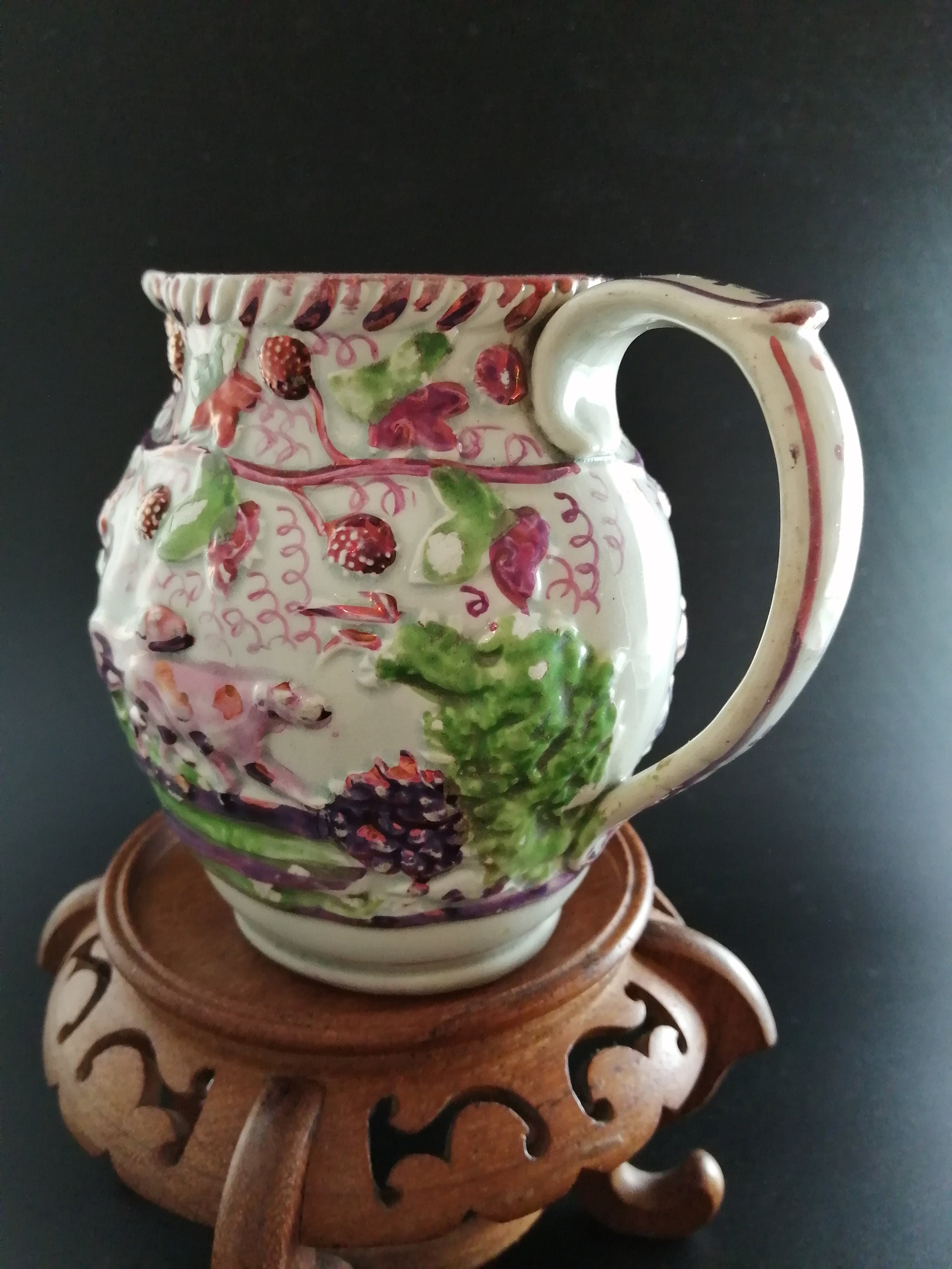 Staffordshire Pink  Lustreware Pitcher Hunting Dogs c 1830