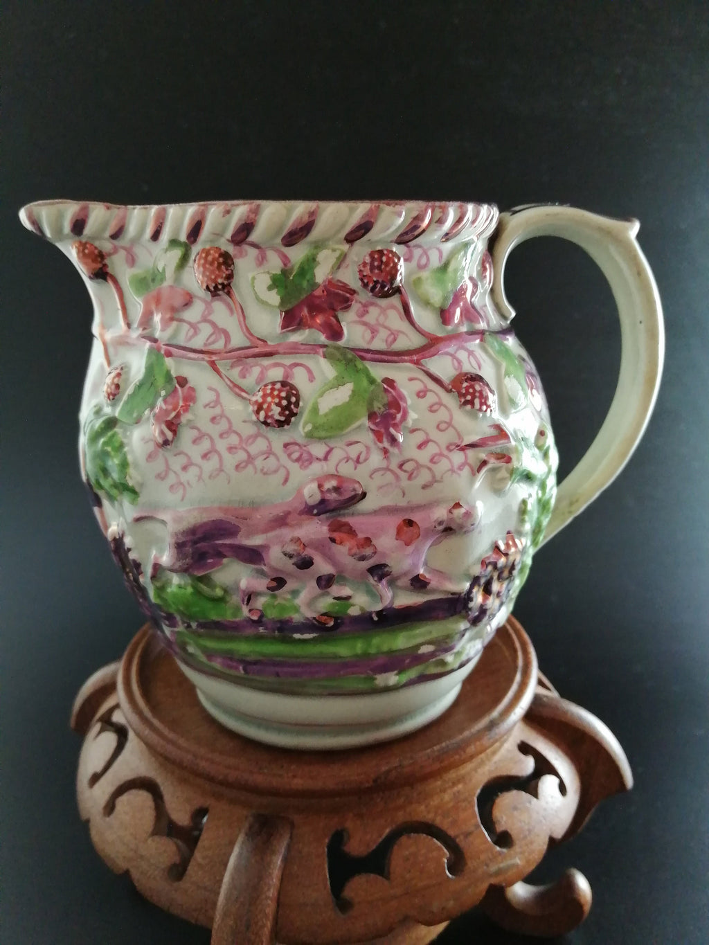 Staffordshire Pink  Lustreware Pitcher Hunting Dogs c 1830