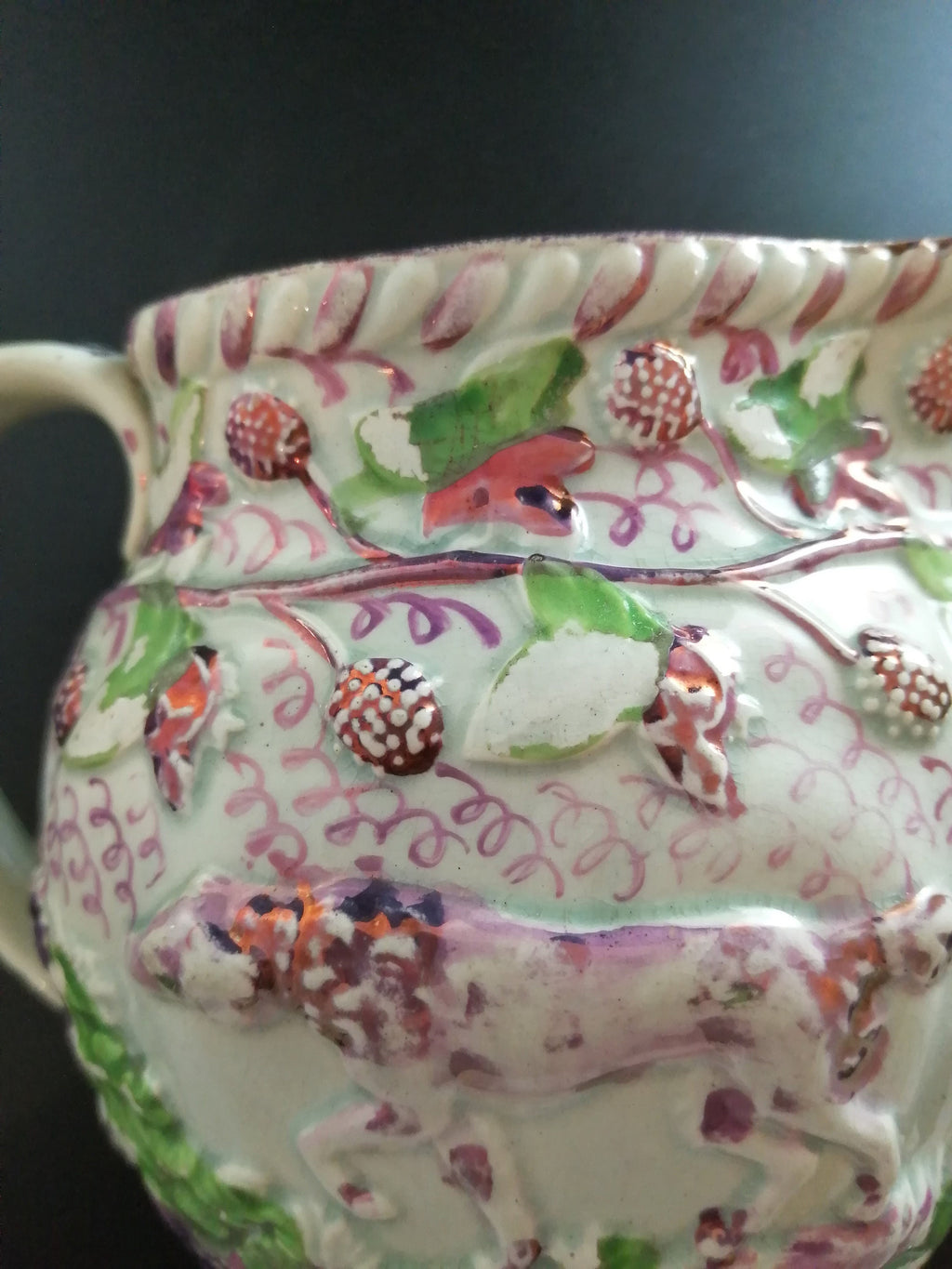 Staffordshire Pink  Lustreware Pitcher Hunting Dogs c 1830