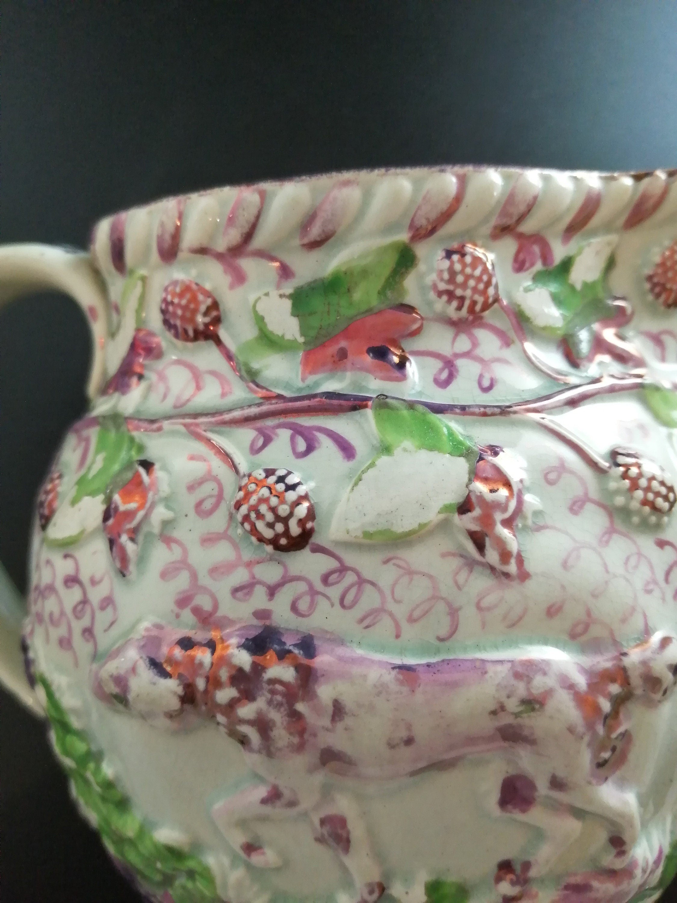 Staffordshire Pink  Lustreware Pitcher Hunting Dogs c 1830