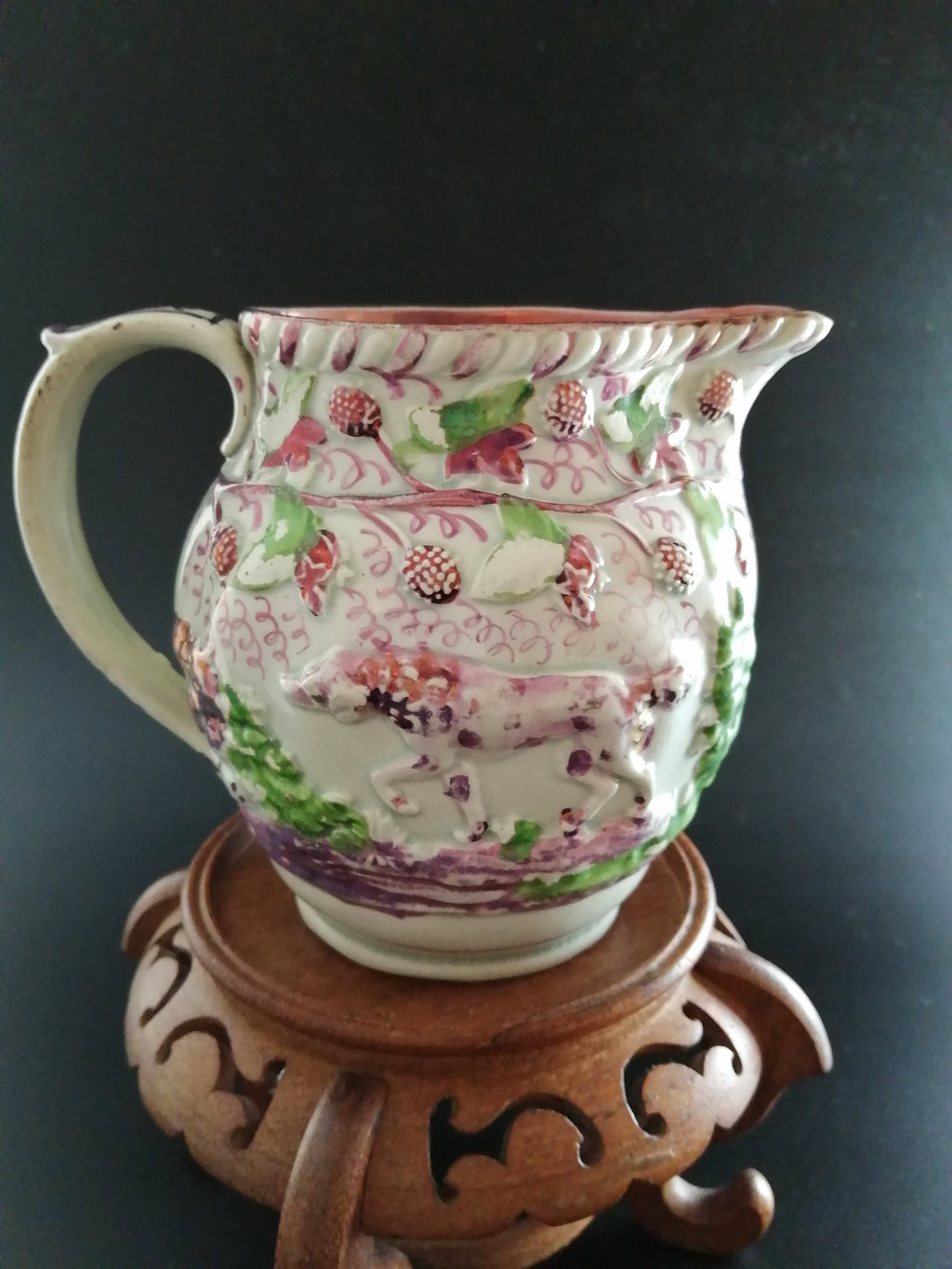 Staffordshire Pink  Lustreware Pitcher Hunting Dogs c 1830