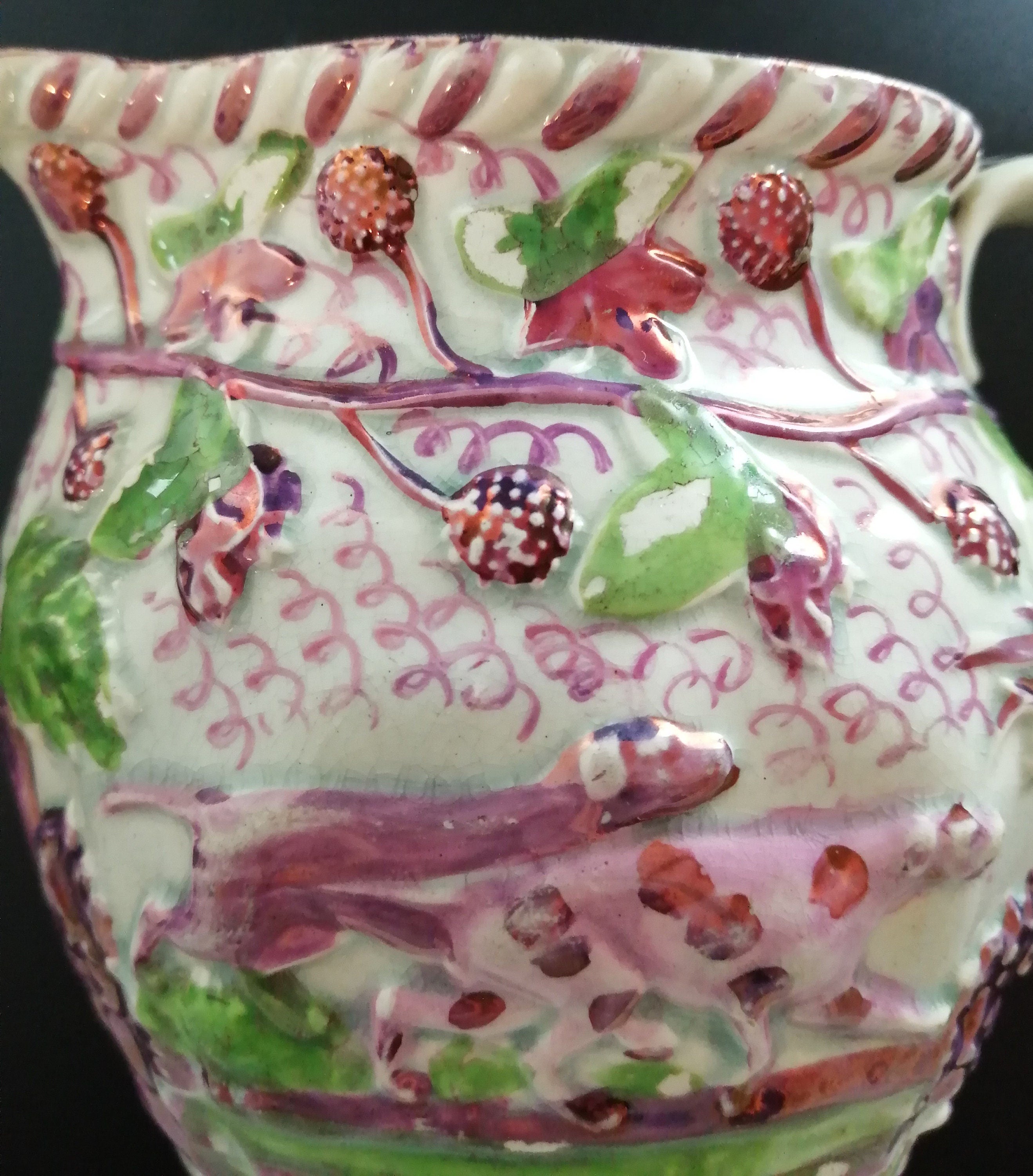 Staffordshire Pink  Lustreware Pitcher Hunting Dogs c 1830