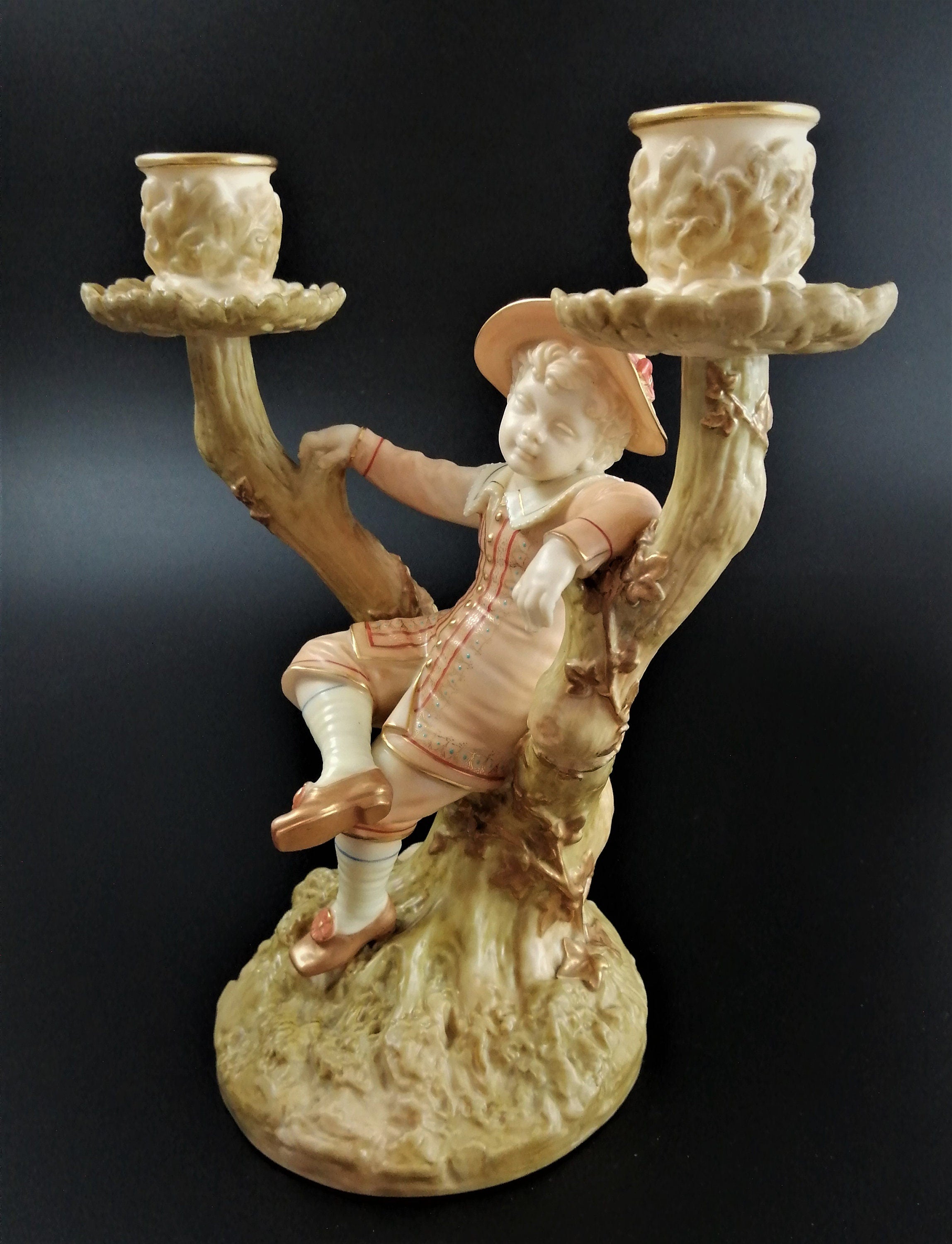Antique Royal Worcester Figural Candle Holder,Boy, James Hadley,1895
