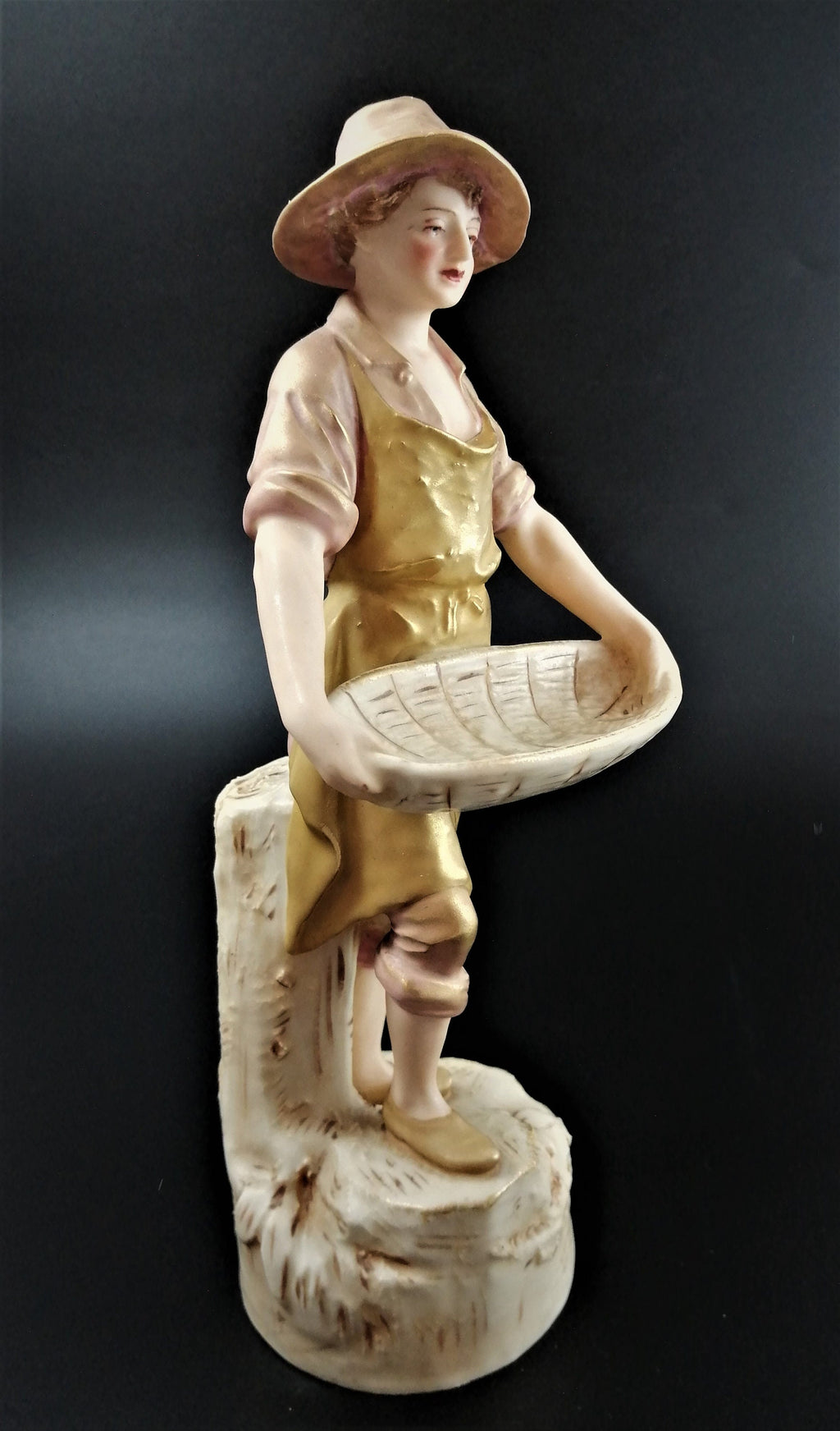 Antique Royal Dux Porcelain Figurine of young man carrying gathering baskets