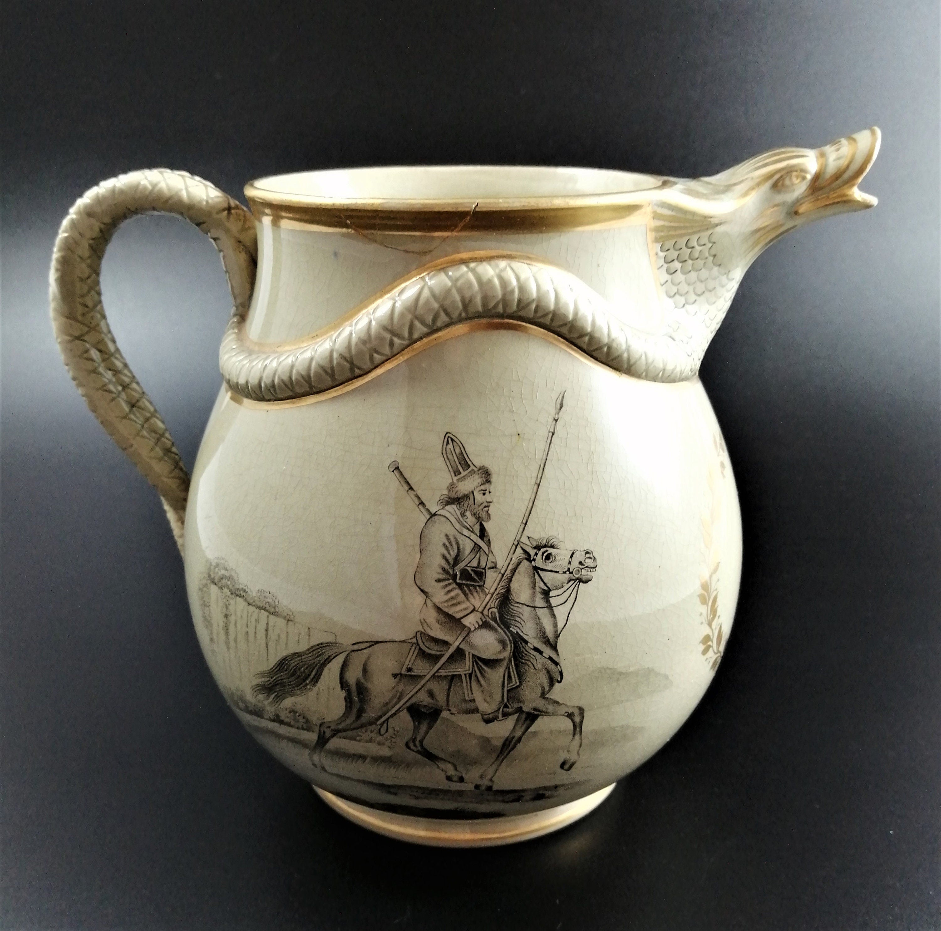 Antique Staffordshire jug,Russian Cossacks,c. 1820-1830