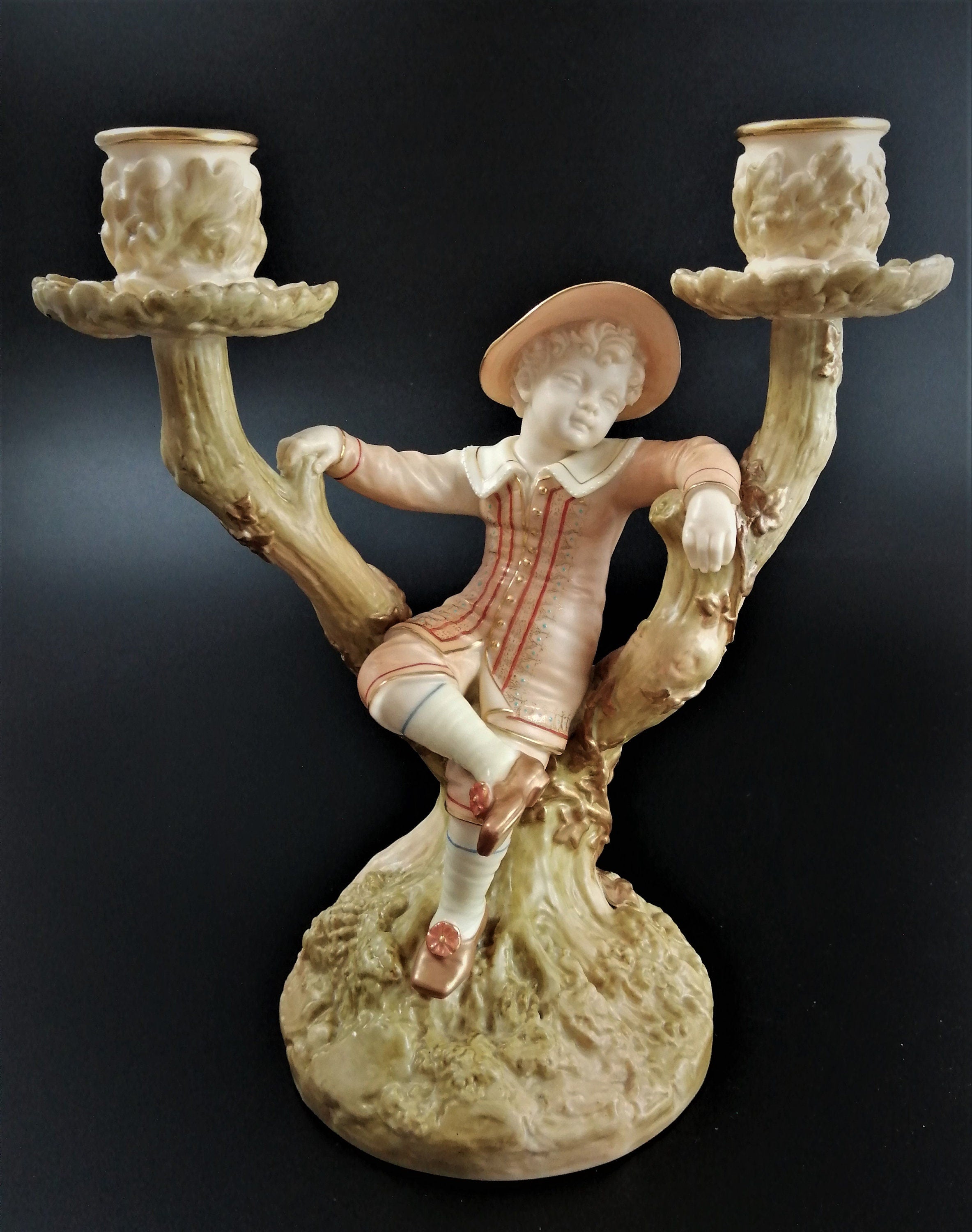 Antique Royal Worcester Figural Candle Holder,Boy, James Hadley,1895