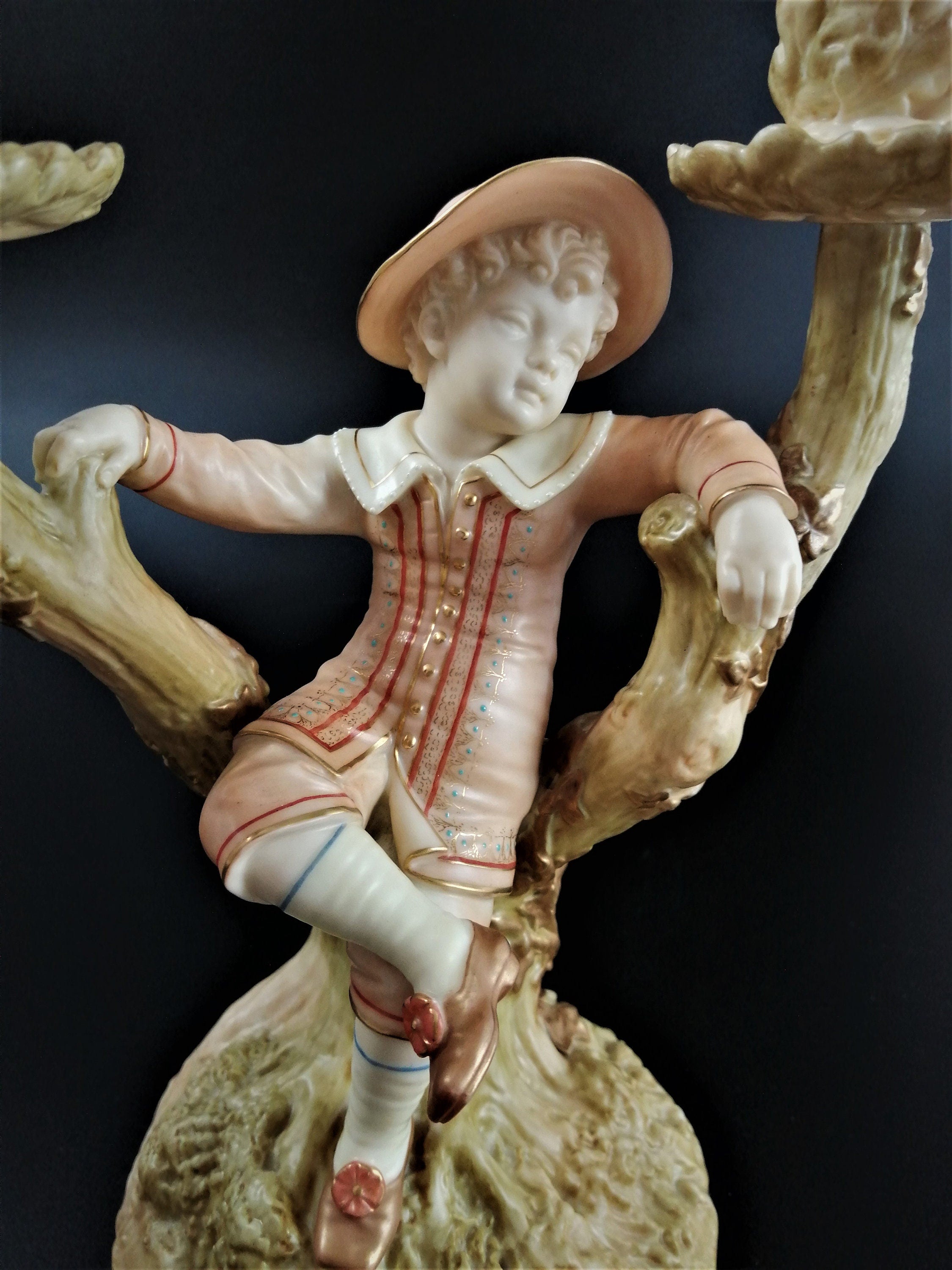 Antique Royal Worcester Figural Candle Holder,Boy, James Hadley,1895