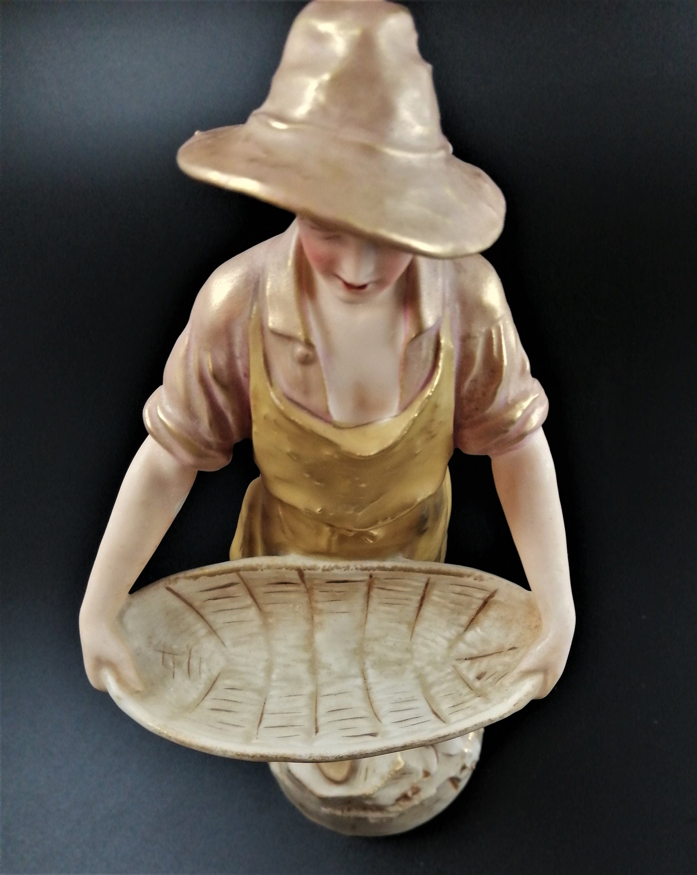Antique Royal Dux Porcelain Figurine of young man carrying gathering baskets