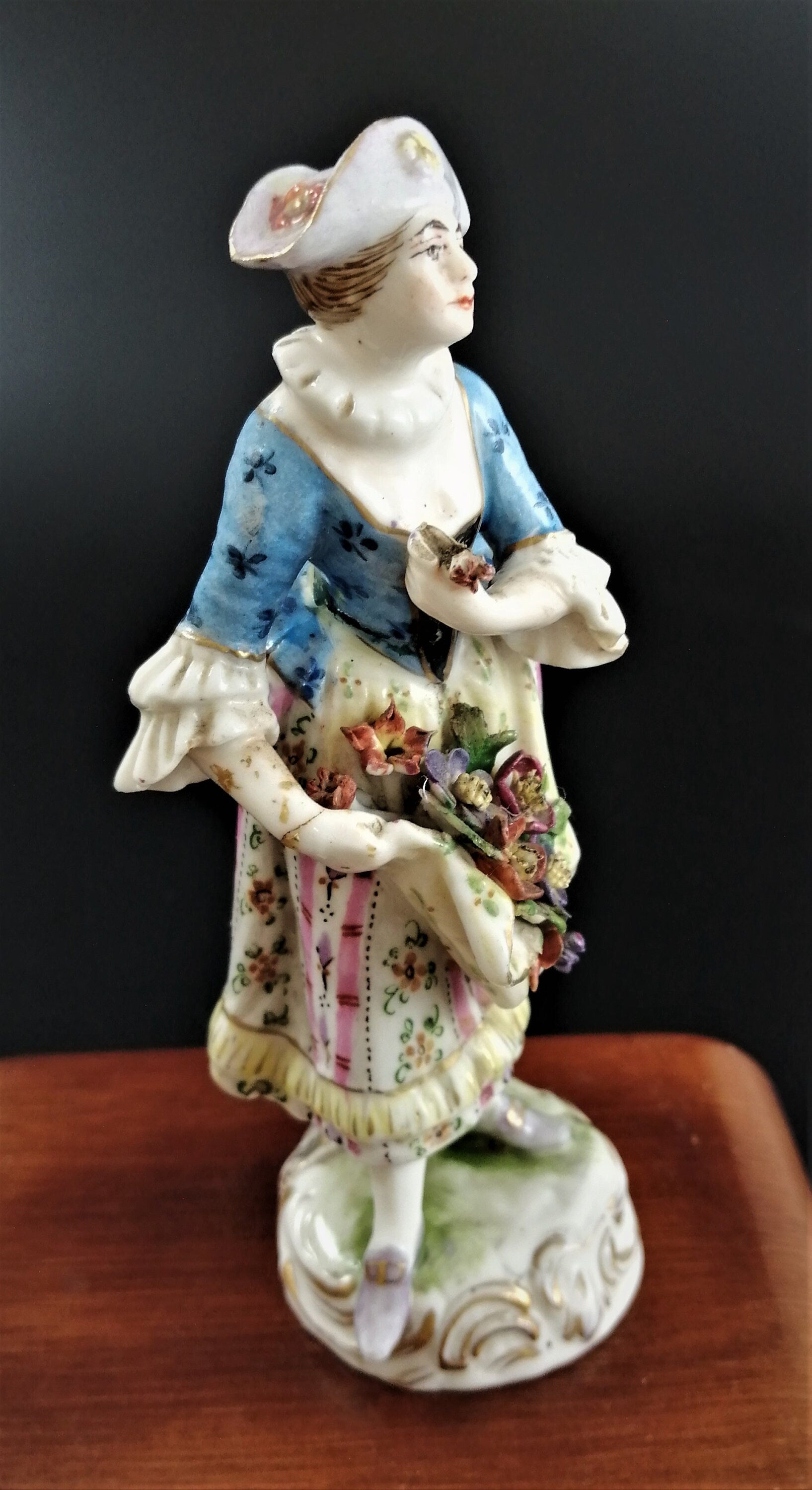 Antique Bavarian porcelain figurine of lady with flowers, Lenck Family, 1840’s