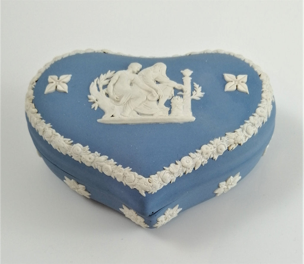 Antique Wedgwood Jasperware Heart Trinket Box: Blue Greek Mythology Design