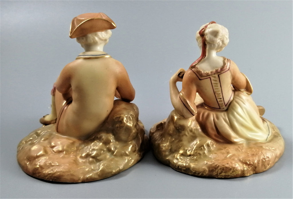 Antique Royal Worcester Porcelain Figurines: Lounging Musicians, 1913