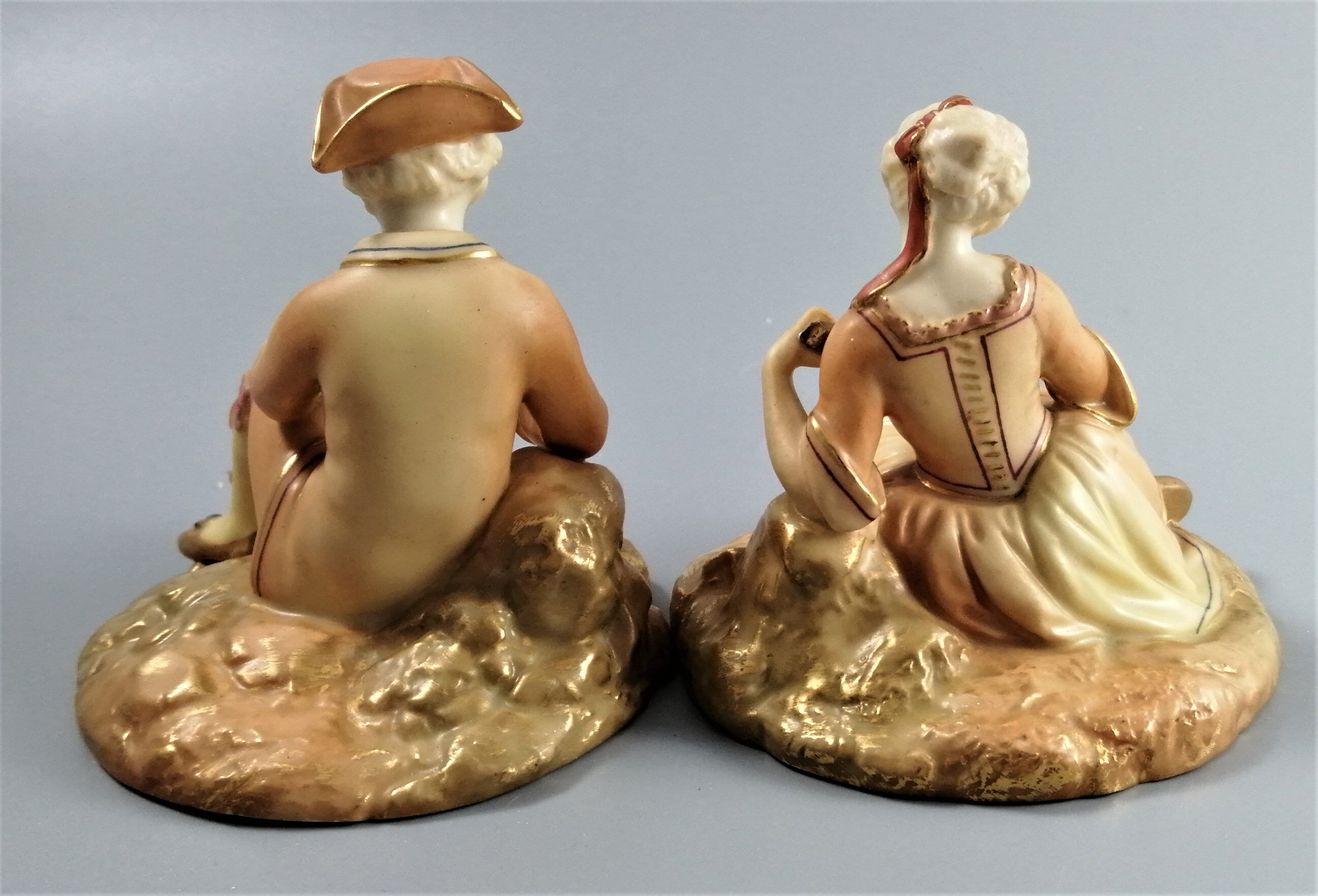 Antique Royal Worcester Porcelain Figurines: Lounging Musicians, 1913