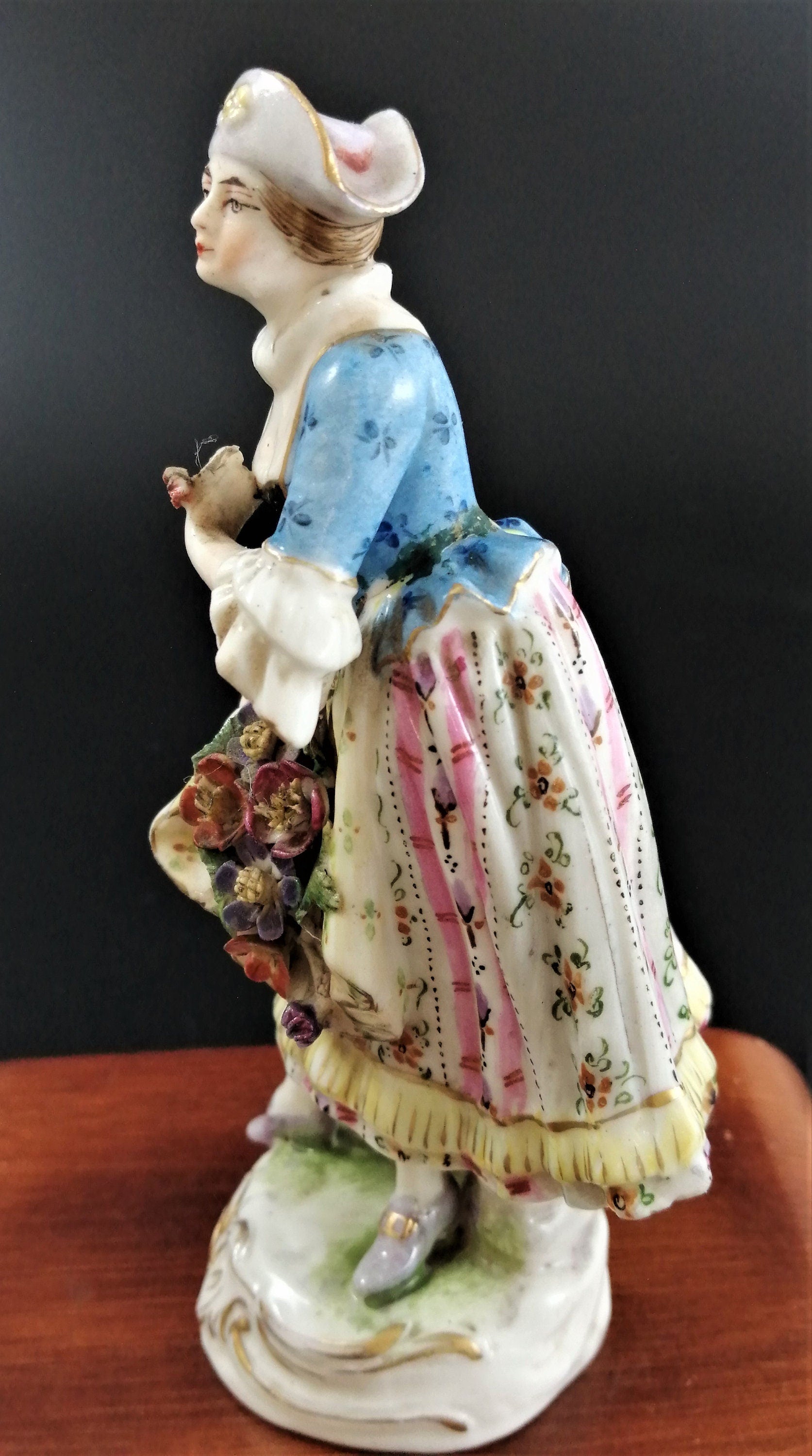 Antique Bavarian porcelain figurine of lady with flowers, Lenck Family, 1840’s