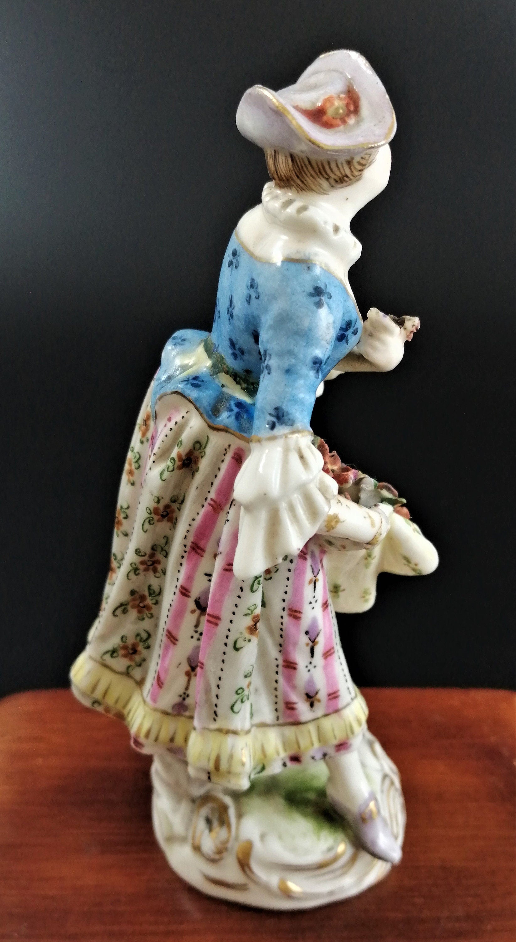 Antique Bavarian porcelain figurine of lady with flowers, Lenck Family, 1840’s
