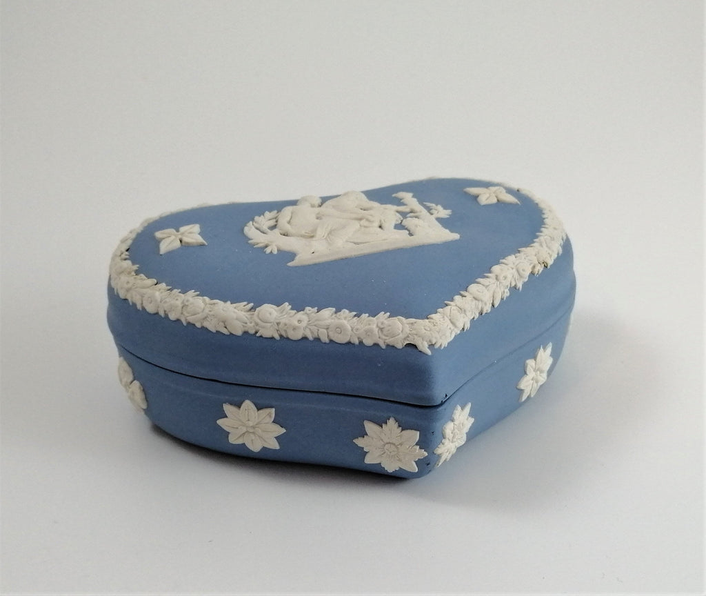 Antique Wedgwood Jasperware Heart Trinket Box: Blue Greek Mythology Design