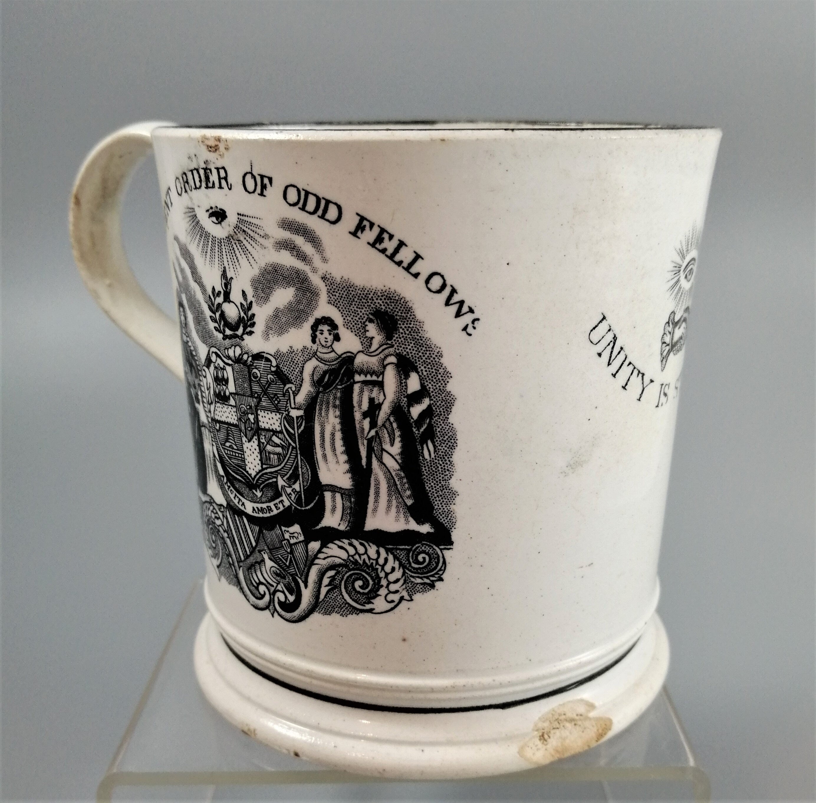 Victorian Staffordshire Pearlware Mug: Odd Fellows Commemorative, c. 1850s