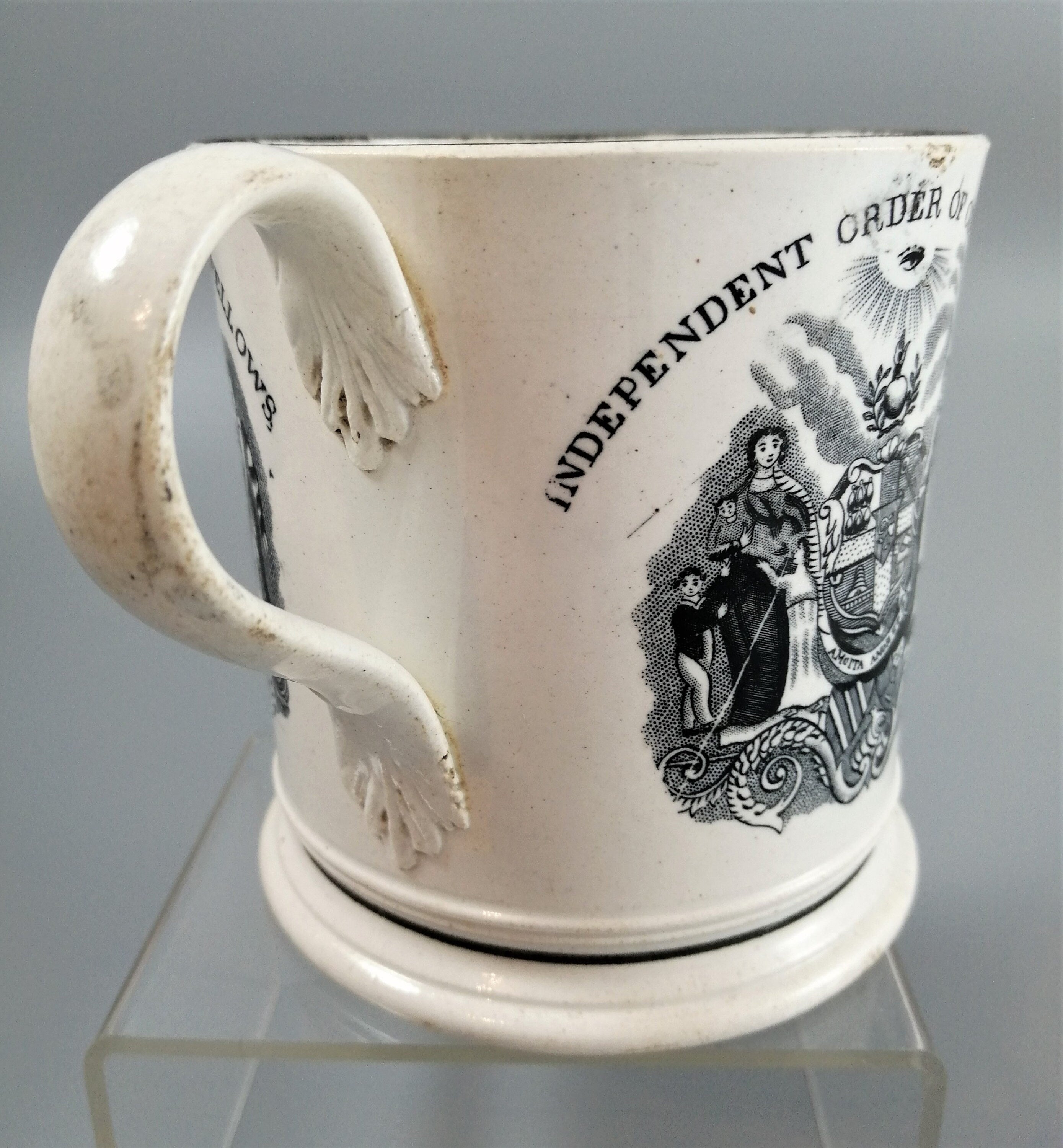 Victorian Staffordshire Pearlware Mug: Odd Fellows Commemorative, c. 1850s