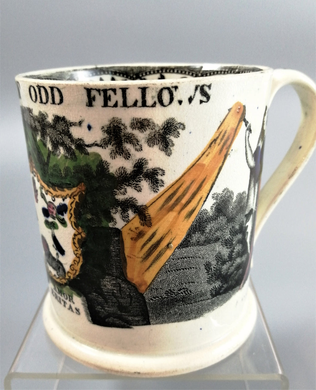 Georgian Staffordshire Pearlware Mug: Odd Fellows Transferware, c. 1820s