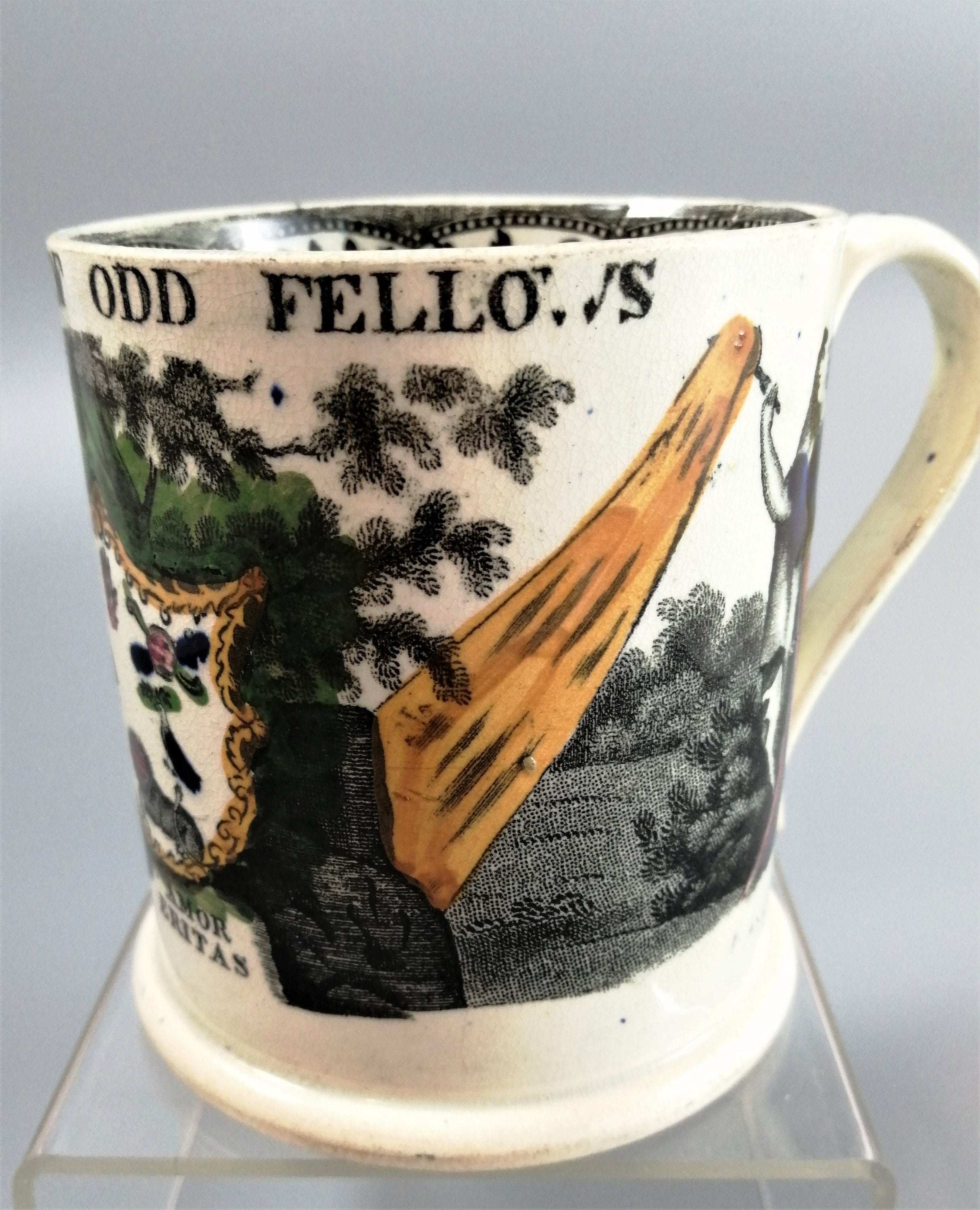 Georgian Staffordshire Pearlware Mug: Odd Fellows Transferware, c. 1820s