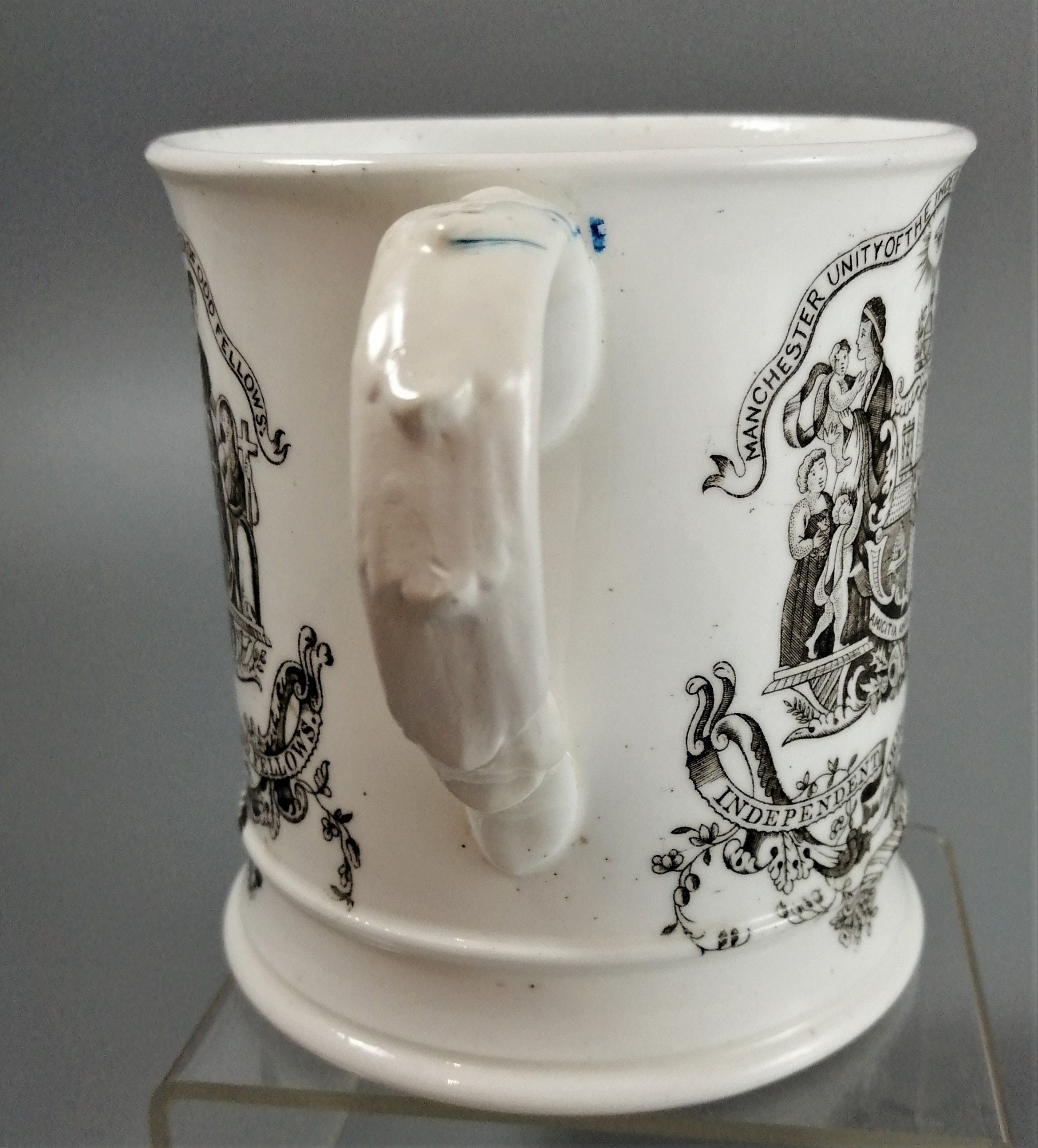 Victorian Odd Fellows Mug: Black Transferware Commemorative, c. 1850s