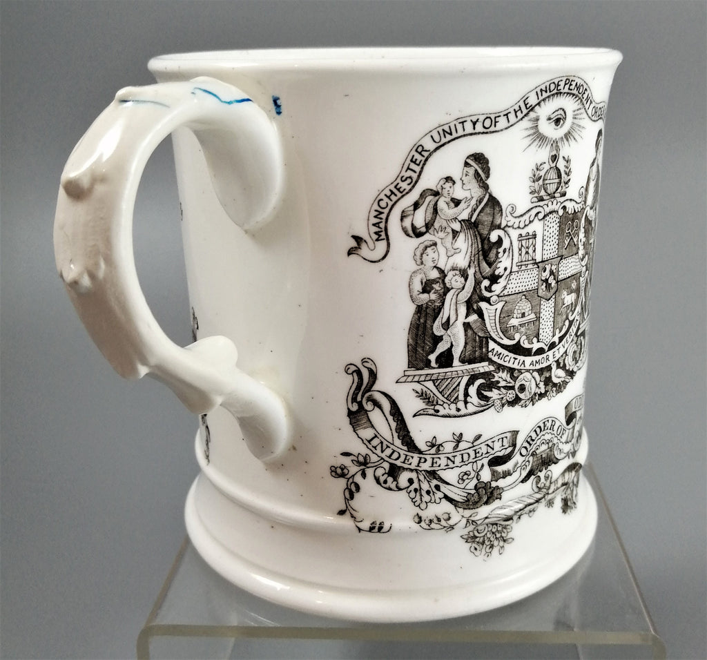 Victorian Odd Fellows Mug: Black Transferware Commemorative, c. 1850s
