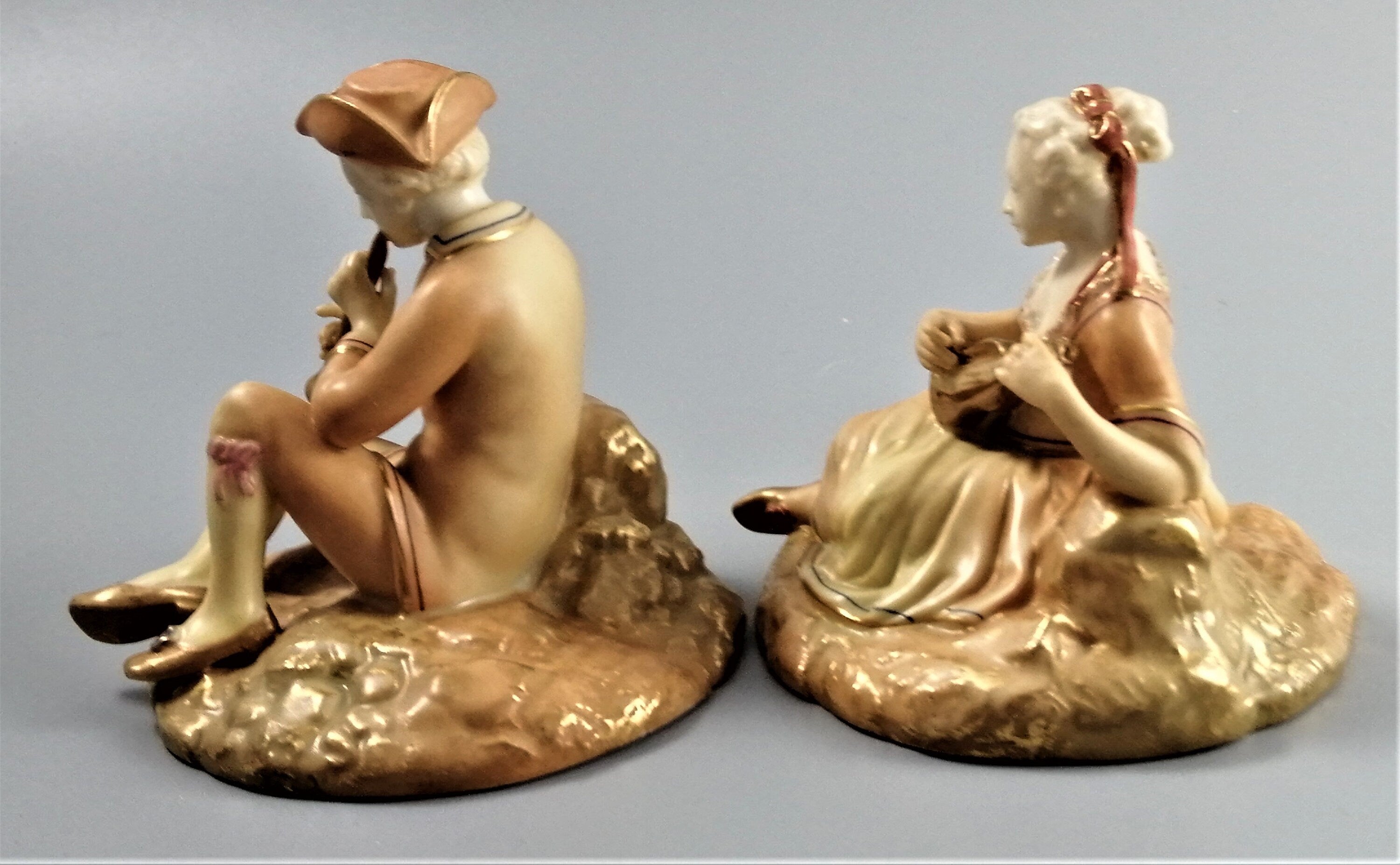 Antique Royal Worcester Porcelain Figurines: Lounging Musicians, 1913