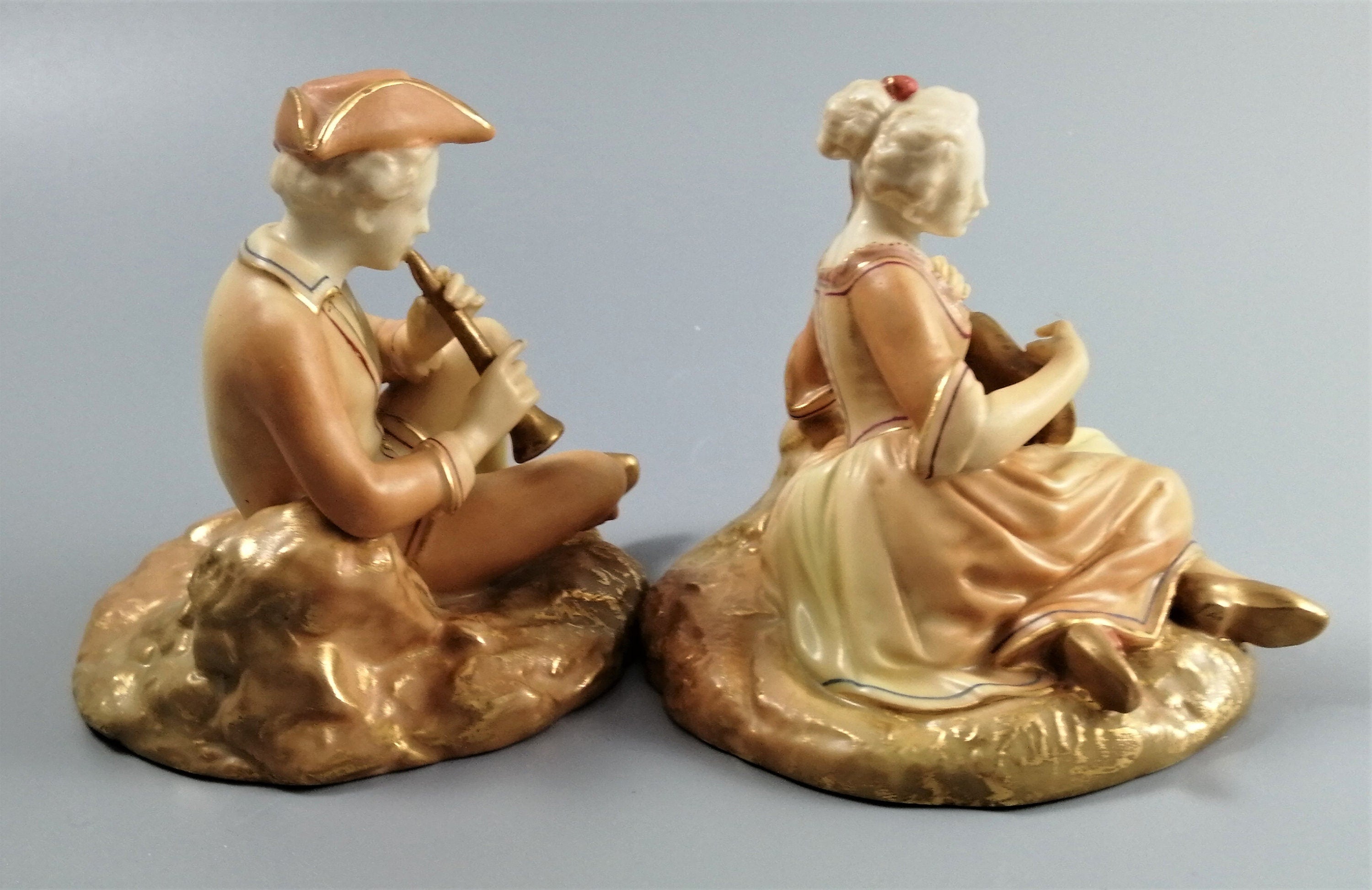Antique Royal Worcester Porcelain Figurines: Lounging Musicians, 1913