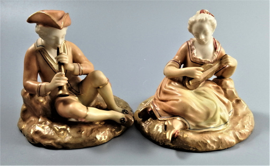 Antique Royal Worcester Porcelain Figurines: Lounging Musicians, 1913