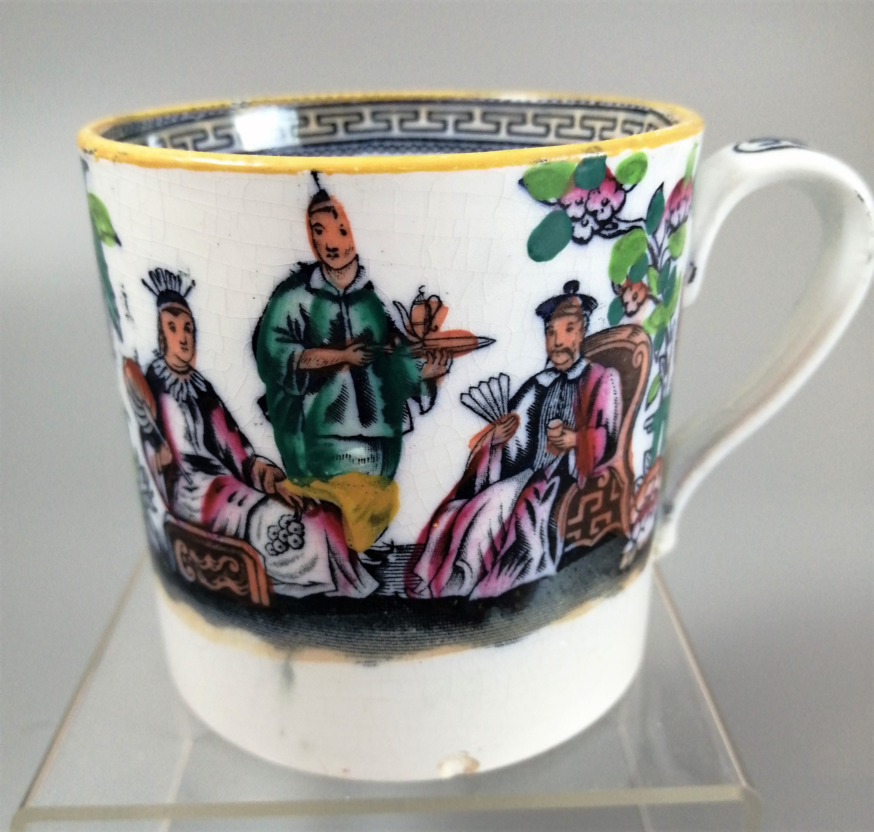 Antique Staffordshire Mug: Hand-Painted Chinoiserie Tea Scene, c. 1810