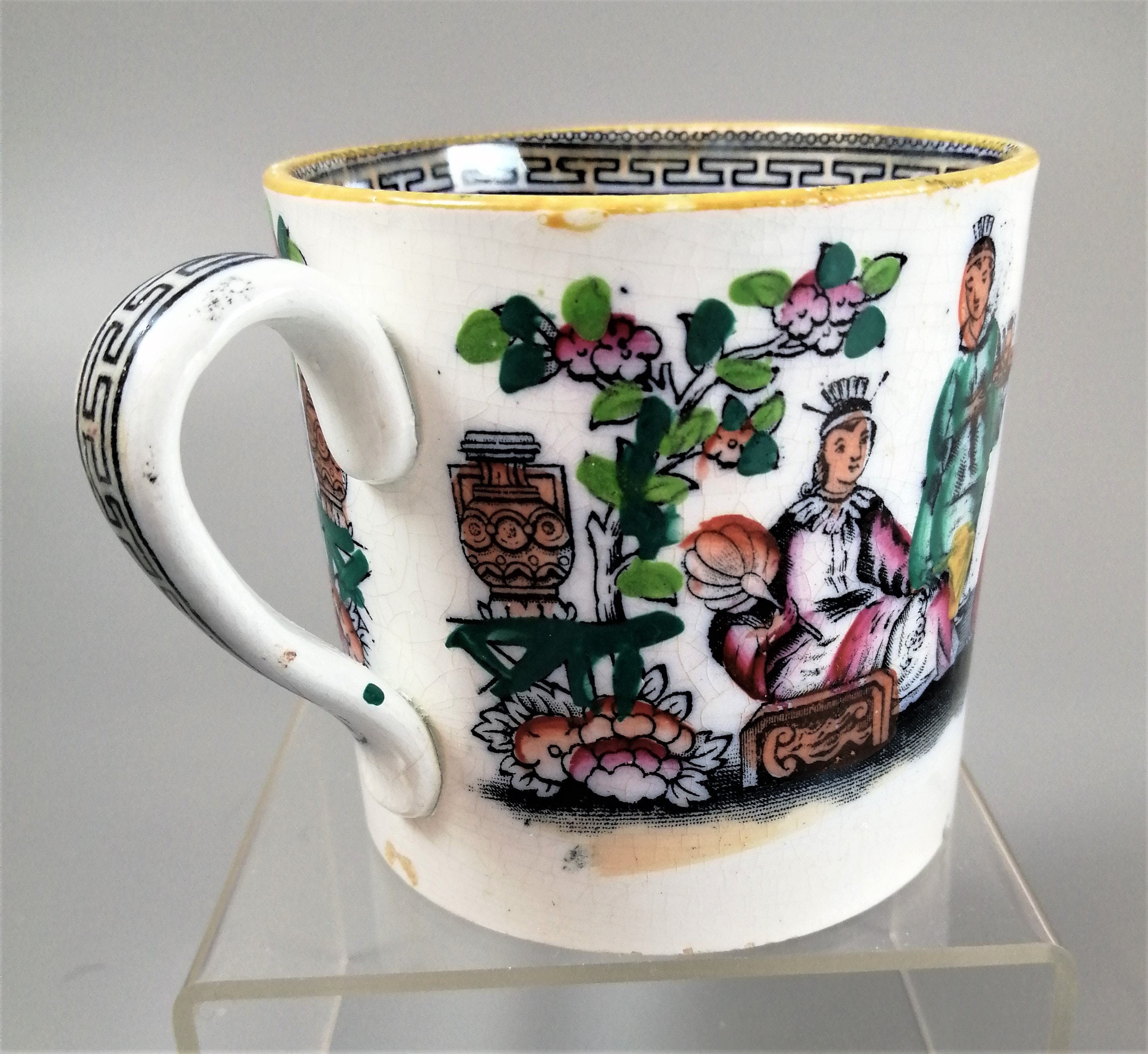 Antique Staffordshire Mug: Hand-Painted Chinoiserie Tea Scene, c. 1810