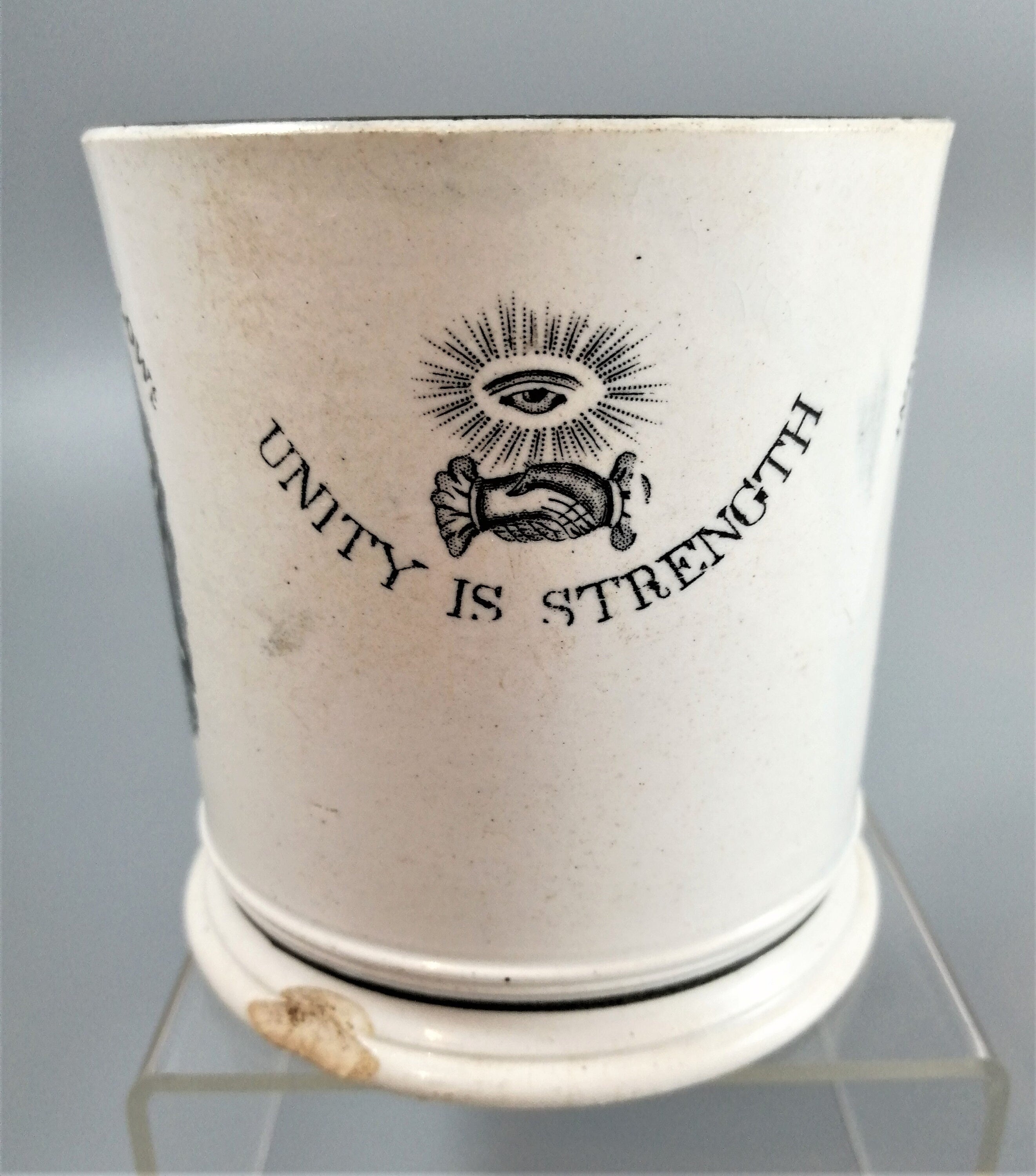 Victorian Staffordshire Pearlware Mug: Odd Fellows Commemorative, c. 1850s