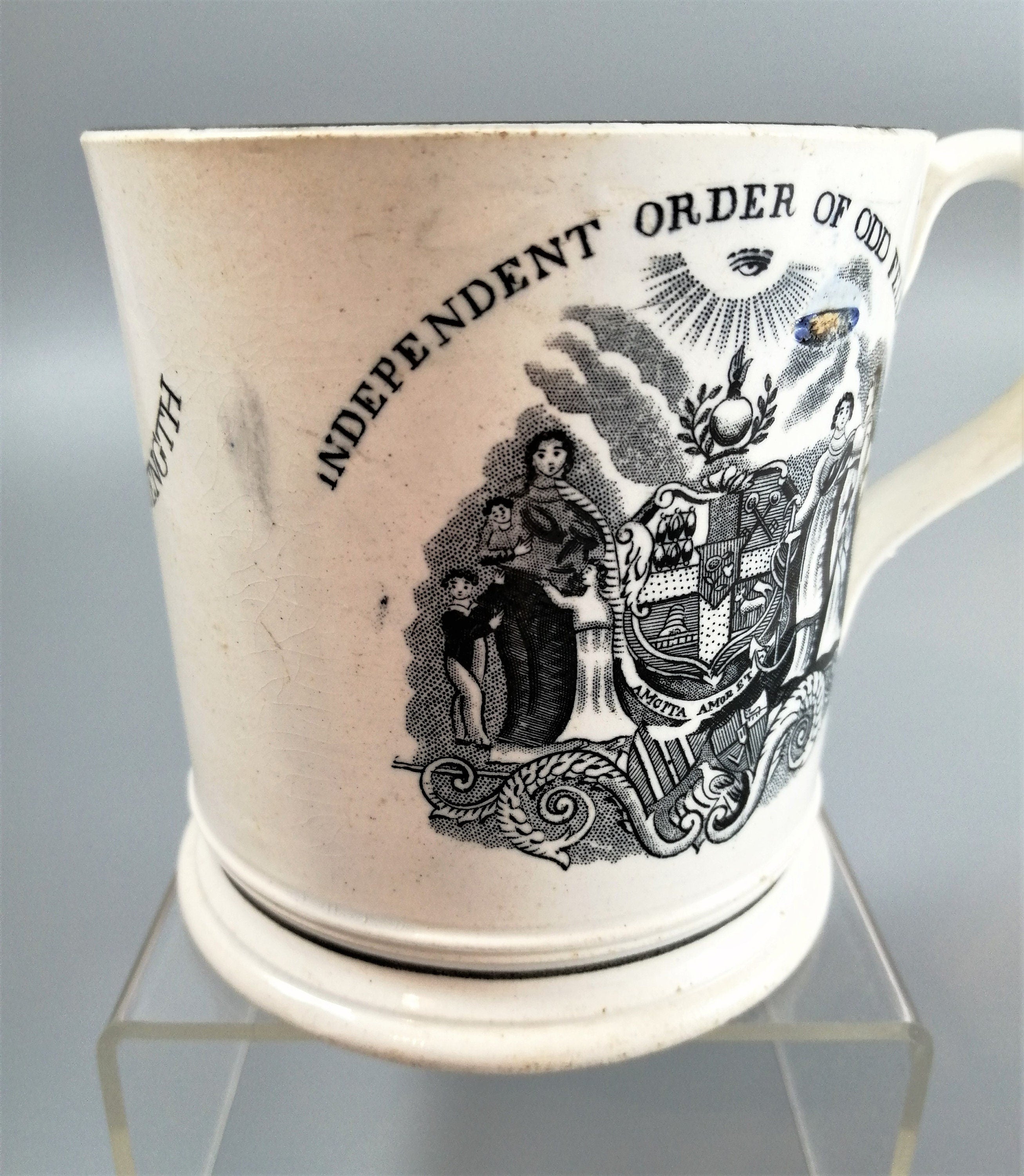 Victorian Staffordshire Pearlware Mug: Odd Fellows Commemorative, c. 1850s
