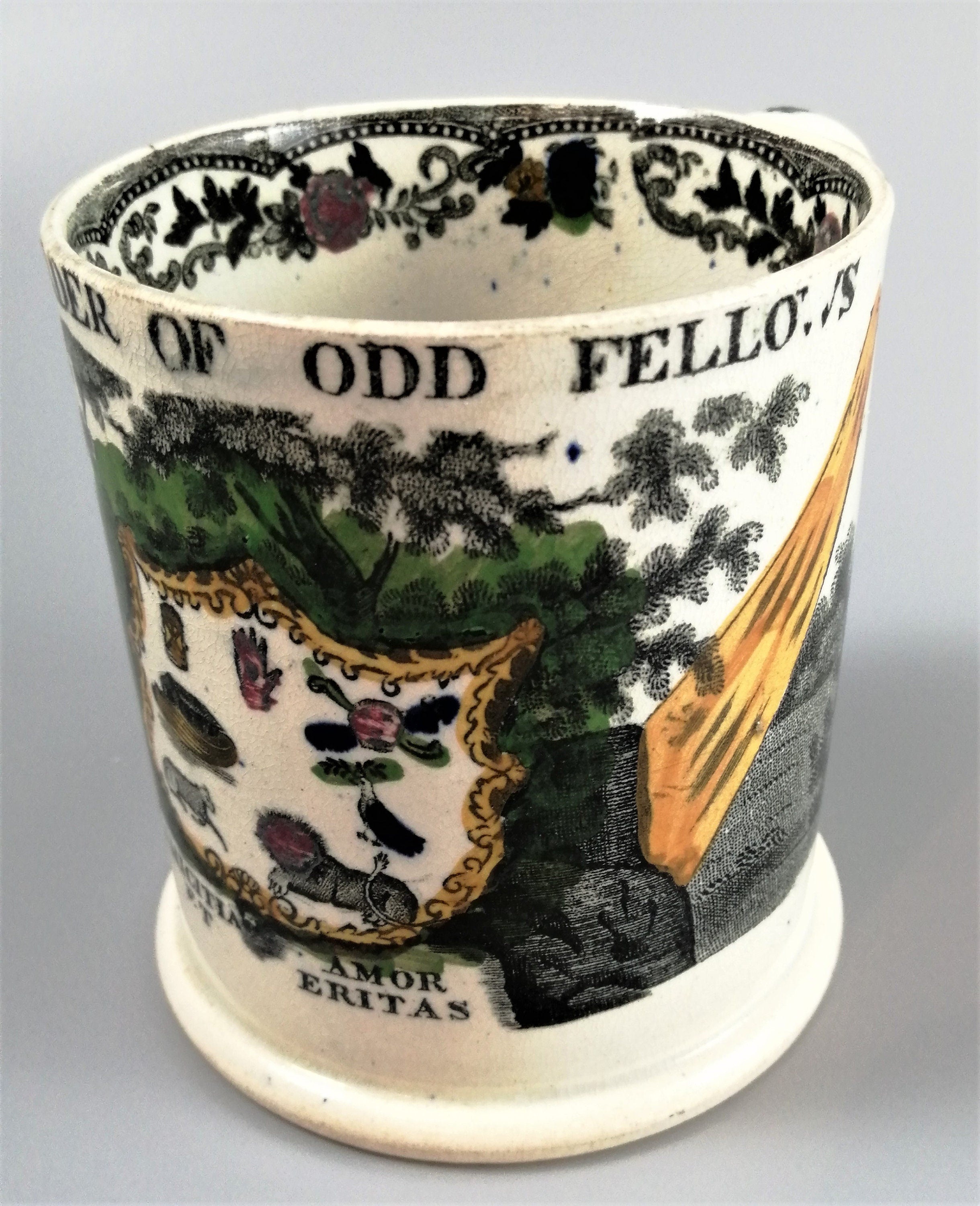 Georgian Staffordshire Pearlware Mug: Odd Fellows Transferware, c. 1820s