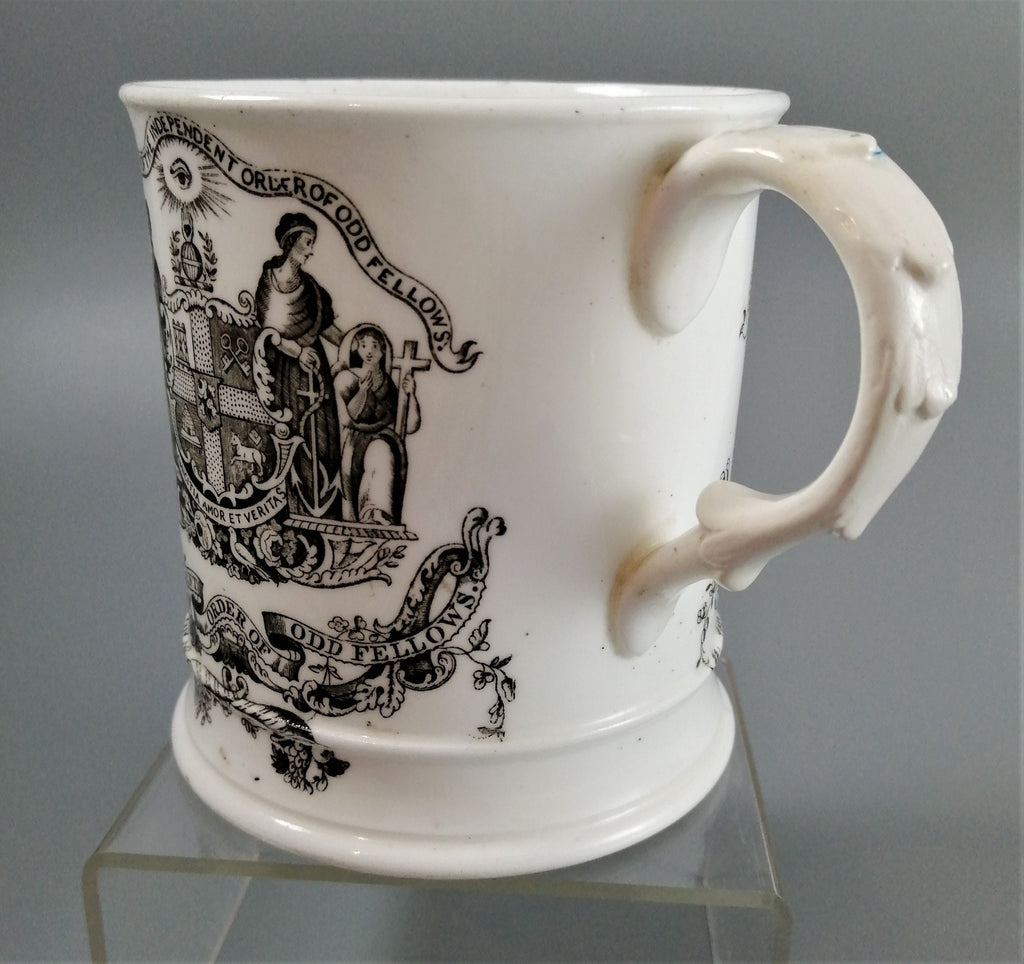 Victorian Odd Fellows Mug: Black Transferware Commemorative, c. 1850s