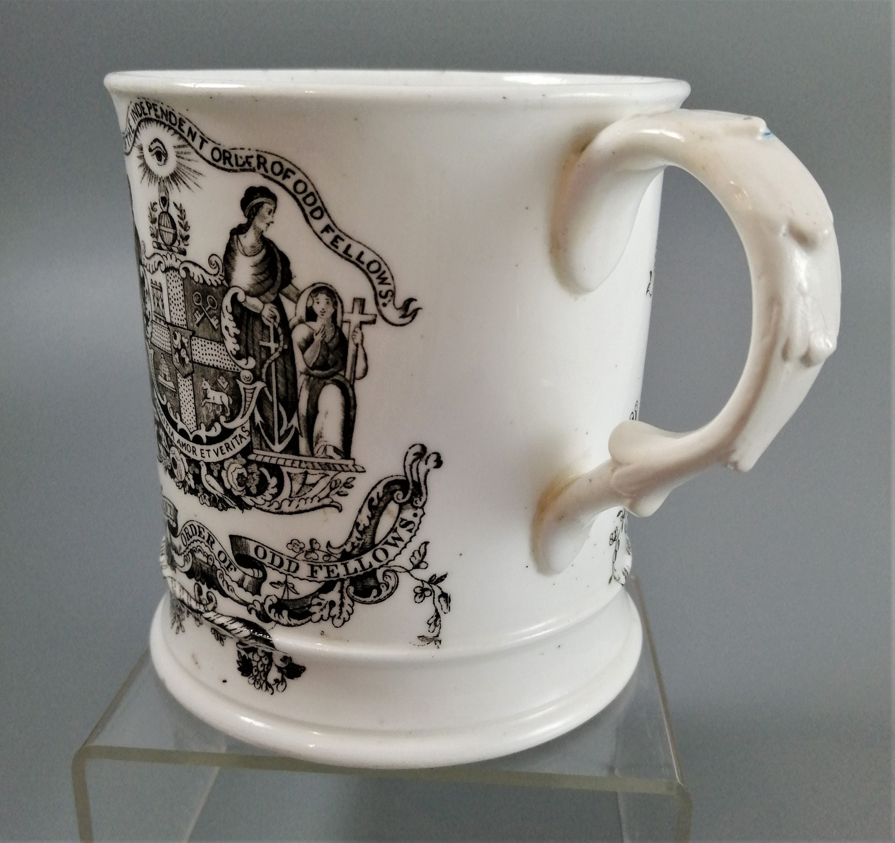 Victorian Odd Fellows Mug: Black Transferware Commemorative, c. 1850s