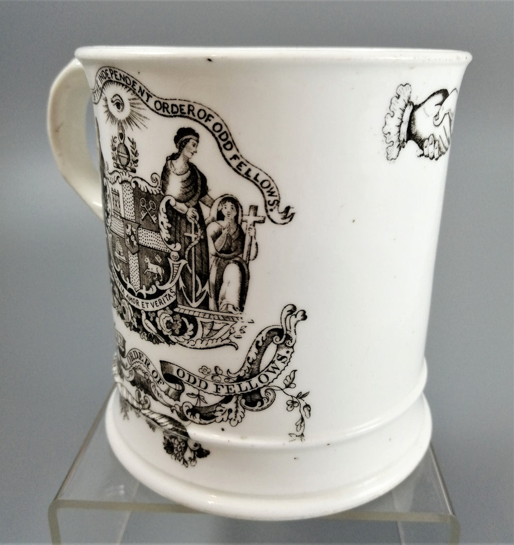 Victorian Odd Fellows Mug: Black Transferware Commemorative, c. 1850s