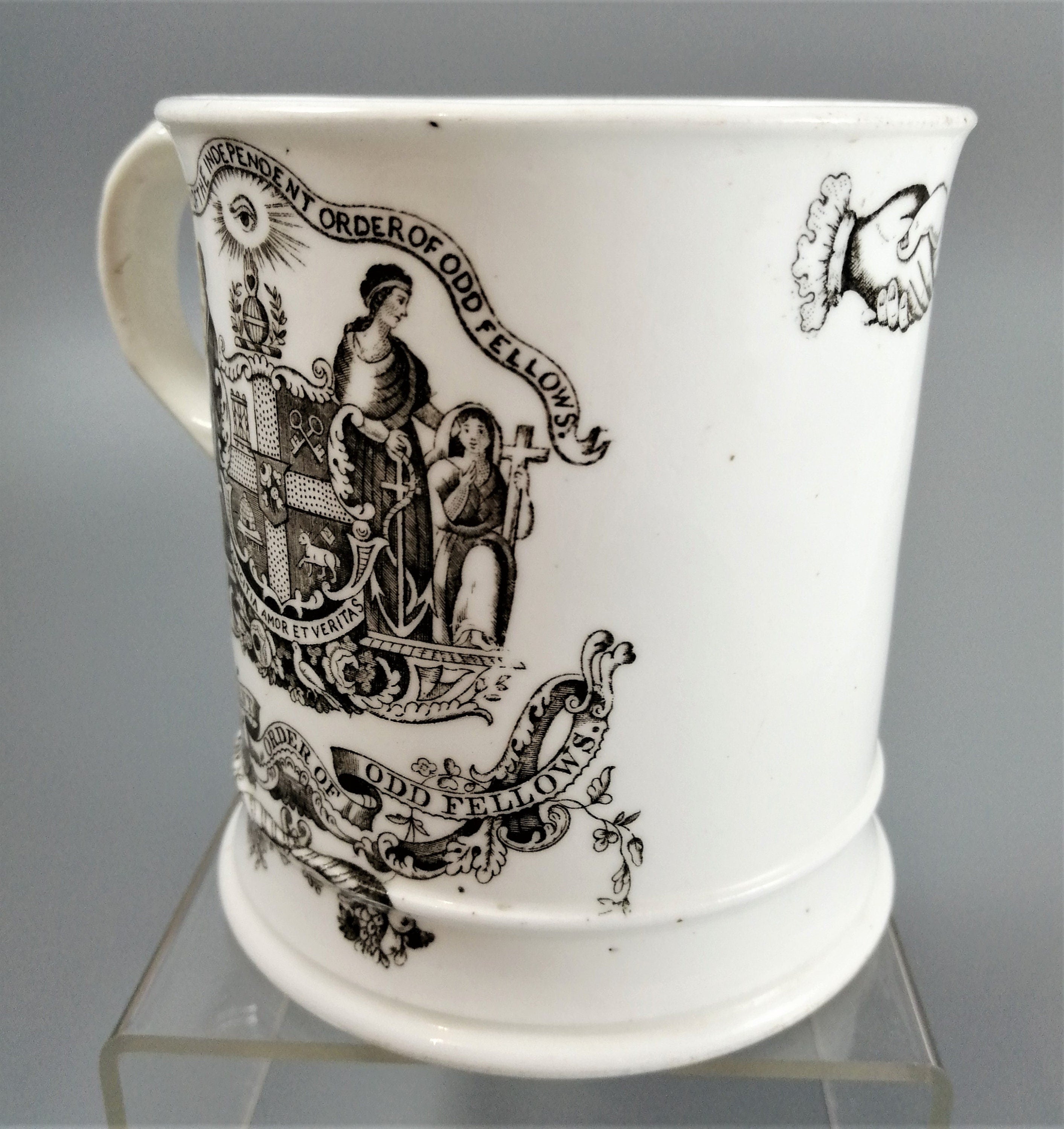 Victorian Odd Fellows Mug: Black Transferware Commemorative, c. 1850s